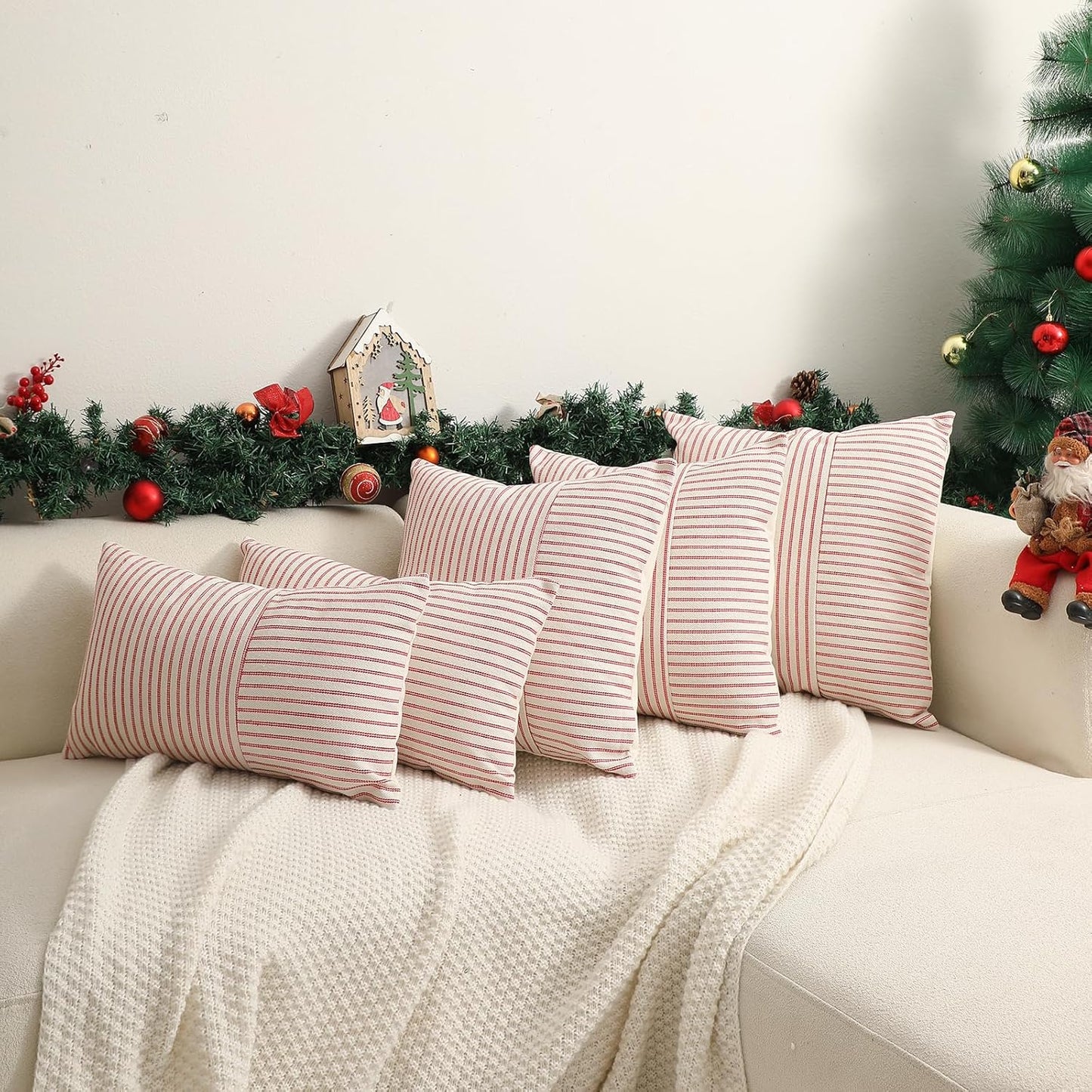 Striped Linen Decorative Pillows Cushion Covers / Red / 18 x 18 / Set of 2