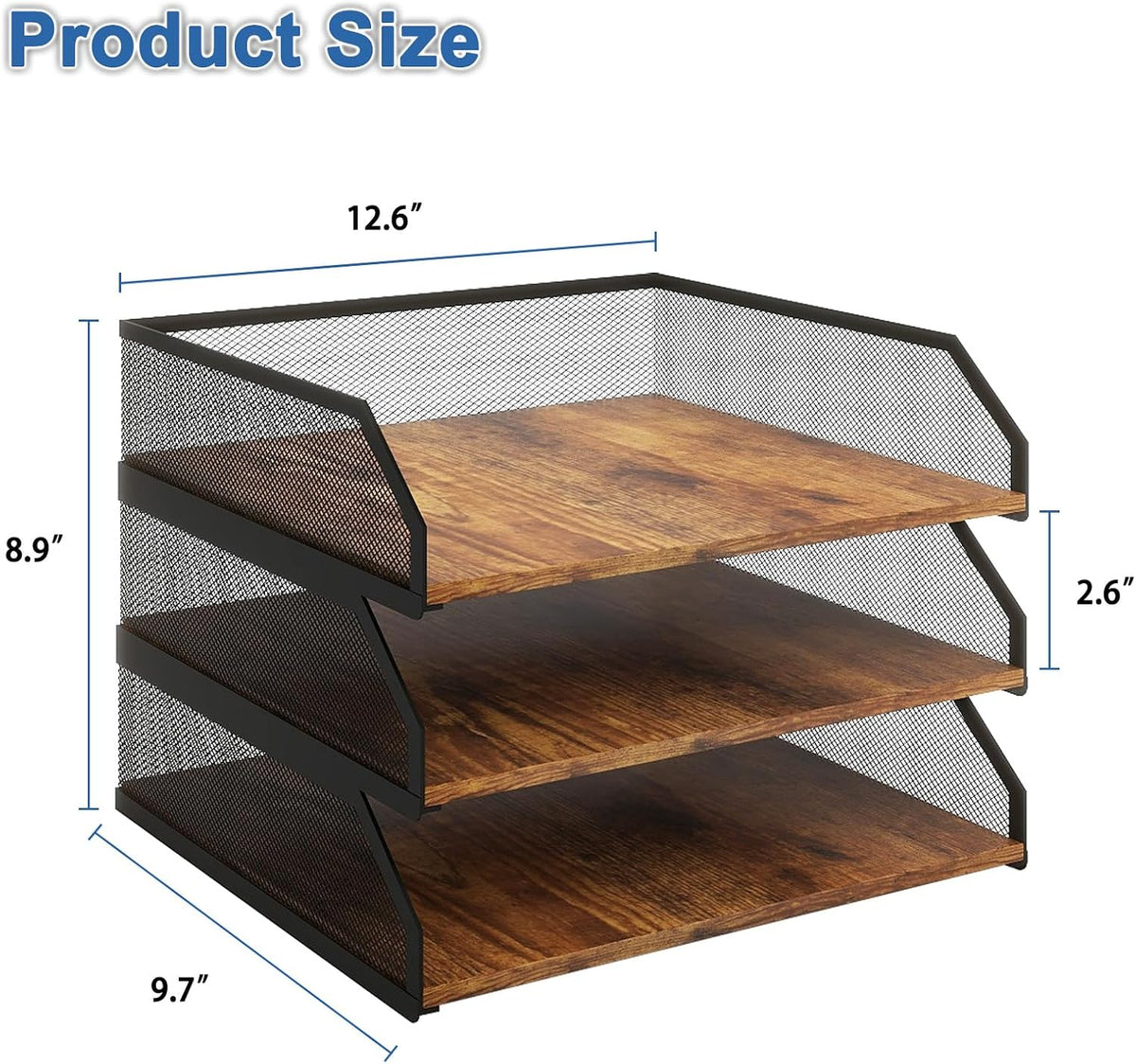 Natwind 3-Tier Stackable Metal Mesh Paper Organizer with Sliding Tray,Retro | Wooden Desk Organizer, Letter Tray For