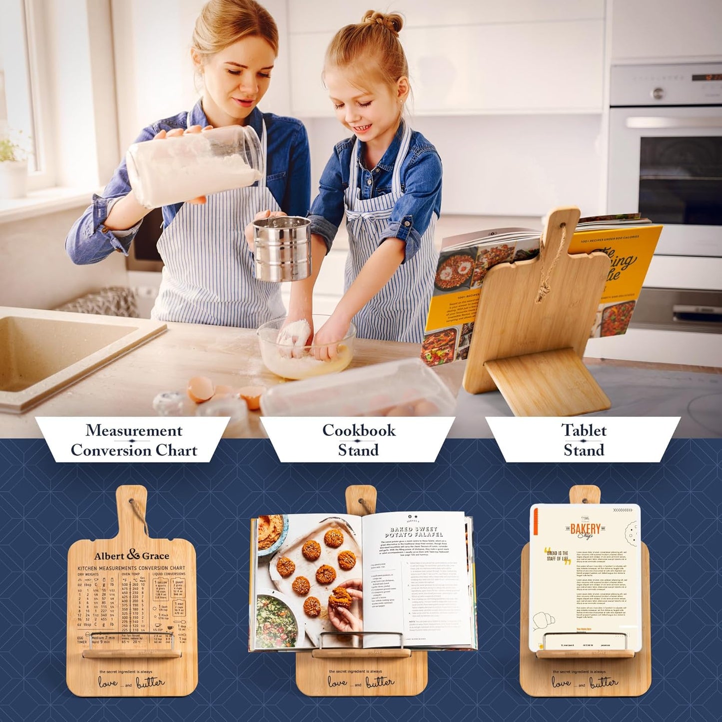 Albert&Grace Adjustable Bamboo Cookbook Stand with Conversion Chart | Recipe Book Holder for Kitchen Counter, Large