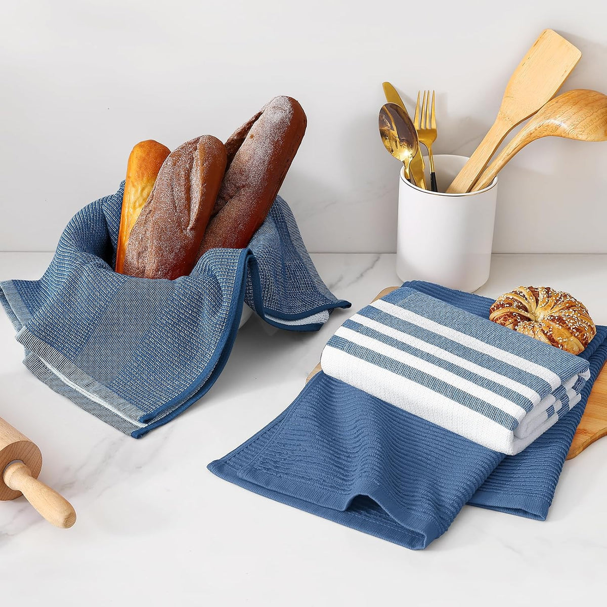Homaxy Cotton 380 GSM Premium Kitchen Towels, 18"x 28", 12 Pack, Navy Blue | Soft and Absorbent Terry Dish Towels