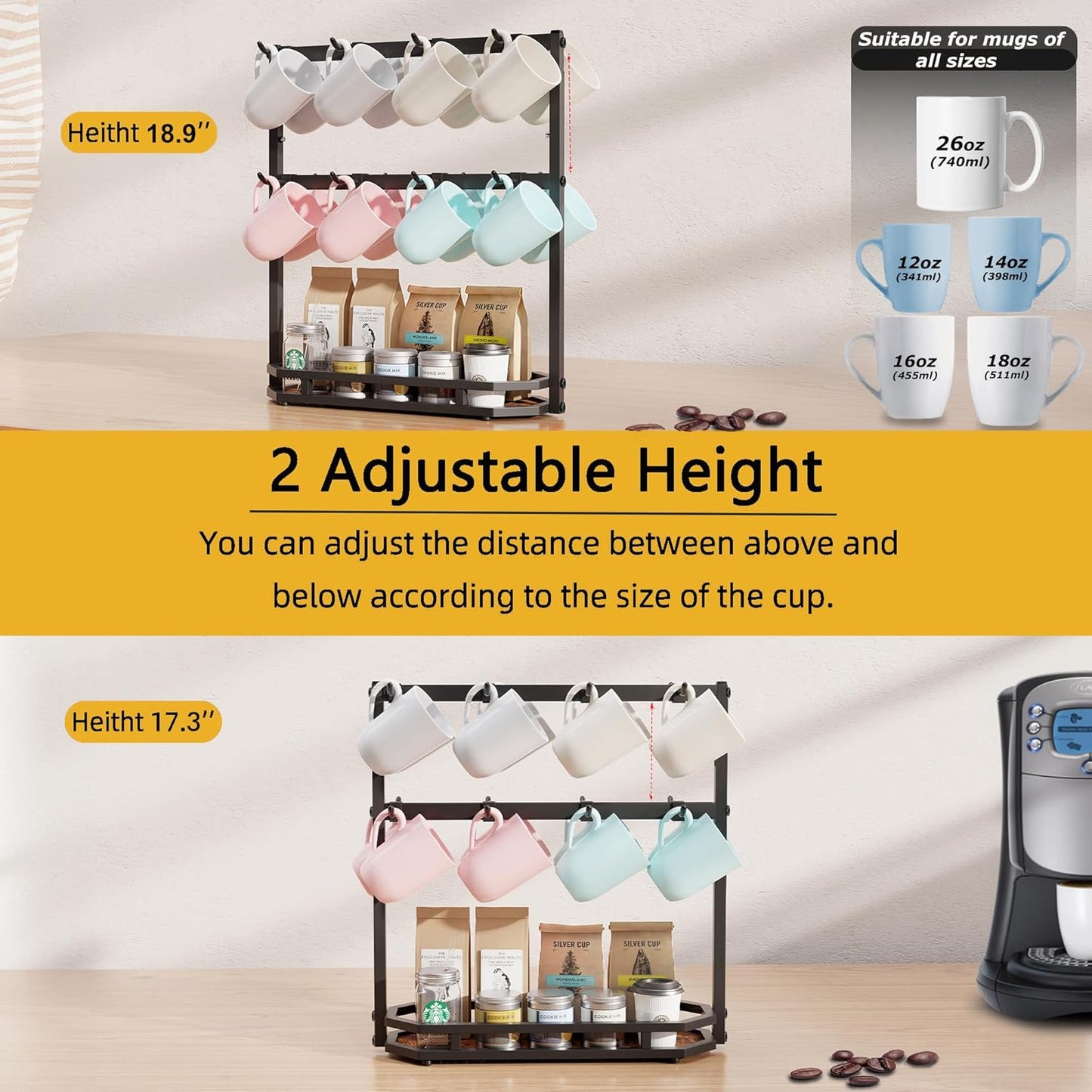 Coffee Mug Holder with Movable Hooks,16 Capacity Coffee Cup Holder for Countertop, Metal Mug Tree Holder Rack with