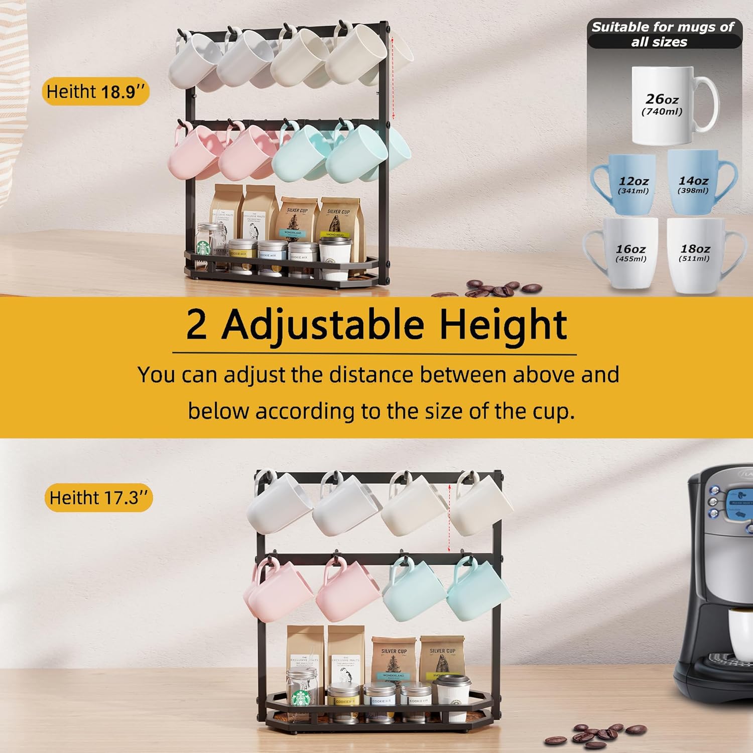 Coffee Mug Holder with Movable Hooks,16 Capacity Coffee Cup Holder for Countertop, Metal Mug Tree Holder Rack with