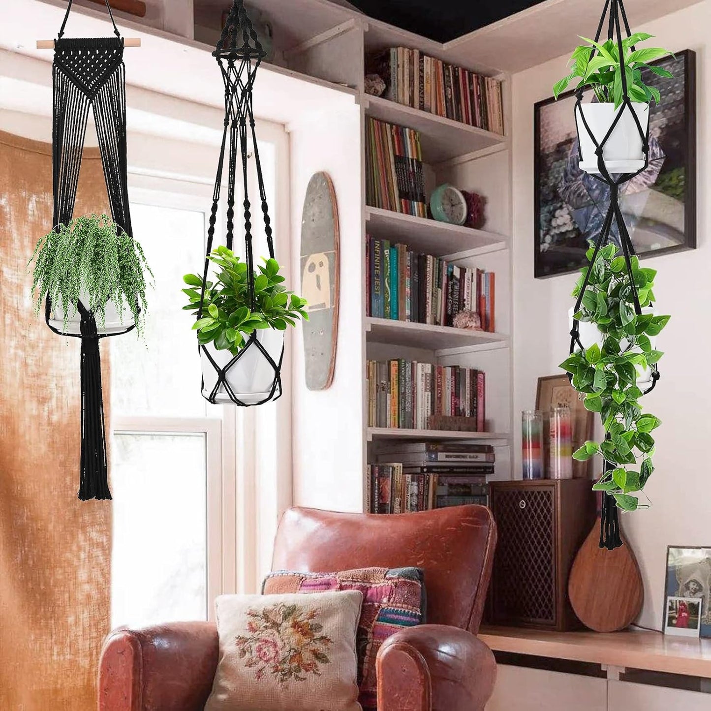 Macrame Plant Hangers / Black / Set of 6