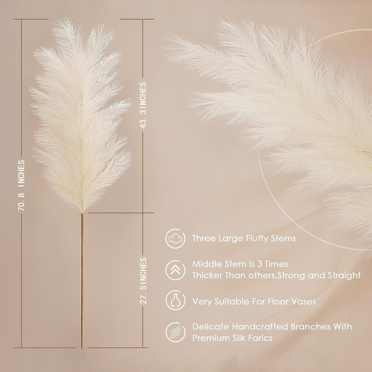 Tall Faux Fluffy Artificial Dried Pompous Grass for Floor Vase Filer / Pampas Grass / Set of 3
