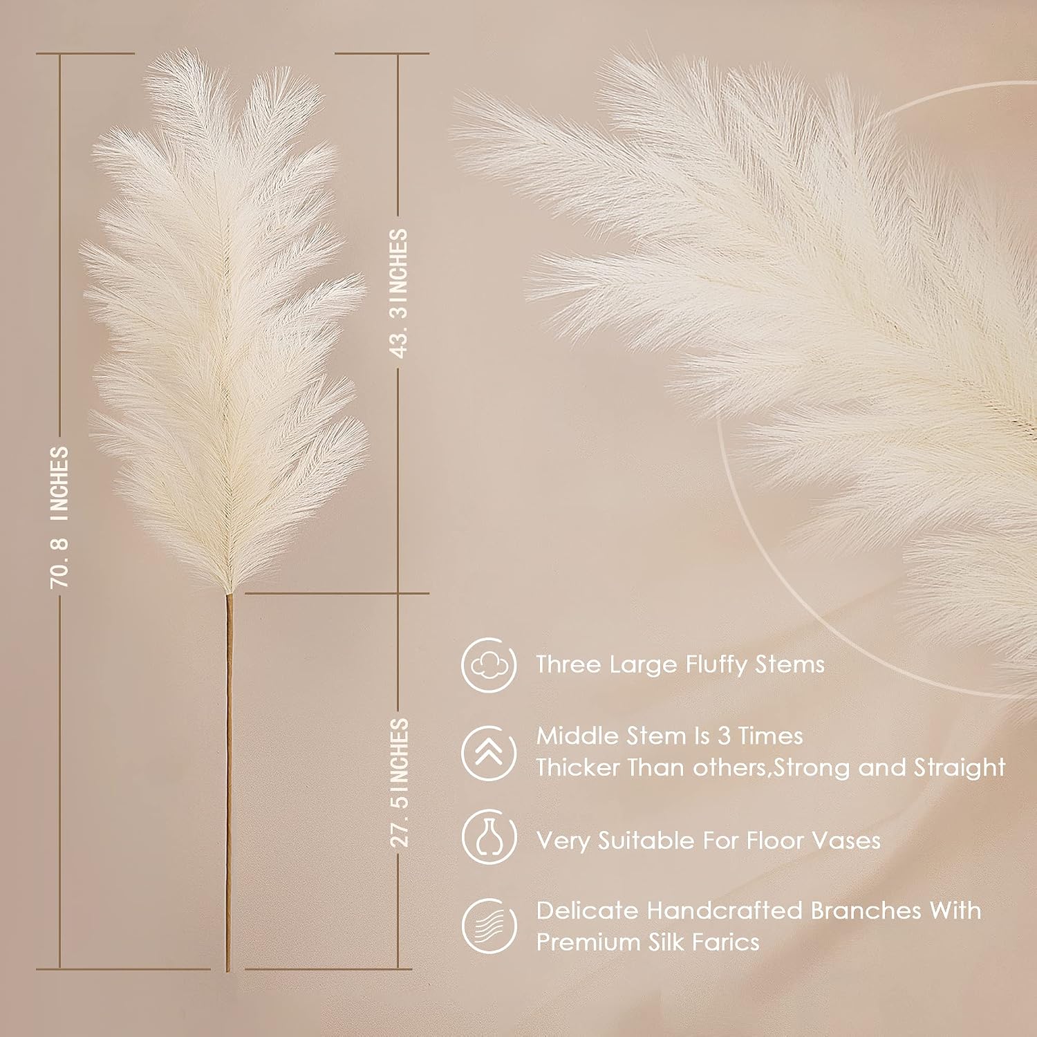 Tall Faux Fluffy Artificial Dried Pompous Grass for Floor Vase Filer / Pampas Grass / Set of 3