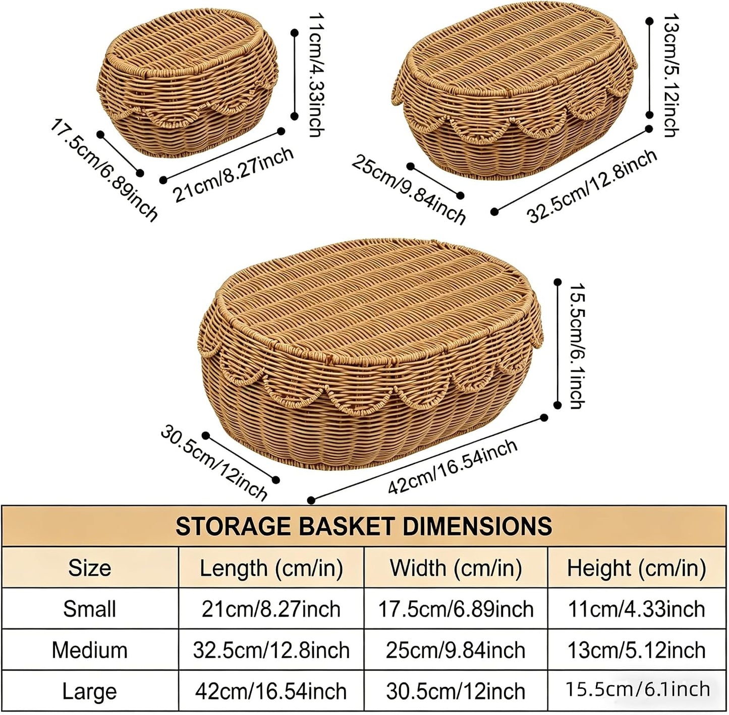 Scalloped Edge Baskets / Medium, Large, Small / Oval / Set of 3