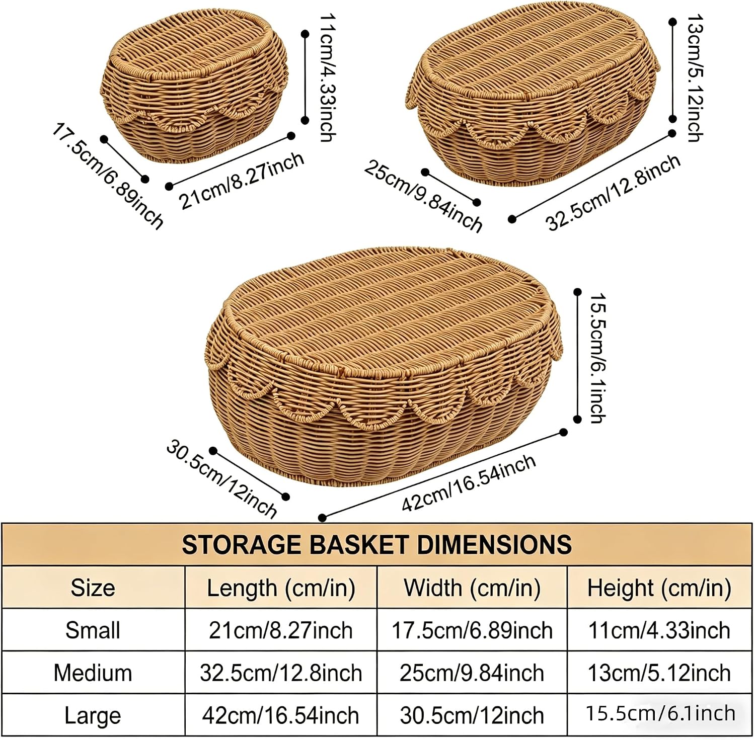 Scalloped Edge Baskets / Medium, Large, Small / Oval / Set of 3