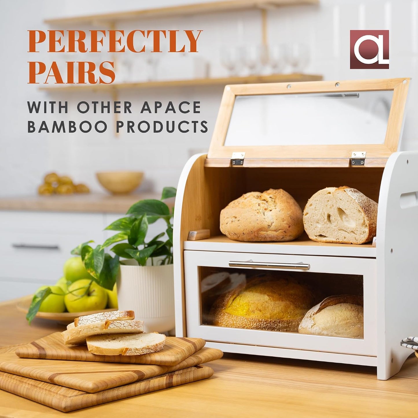 Arise Stylish Bamboo Bread Box for Kitchen Countertop, Extra Large 2-Shelf Wooden Bread Storage Container with Clear