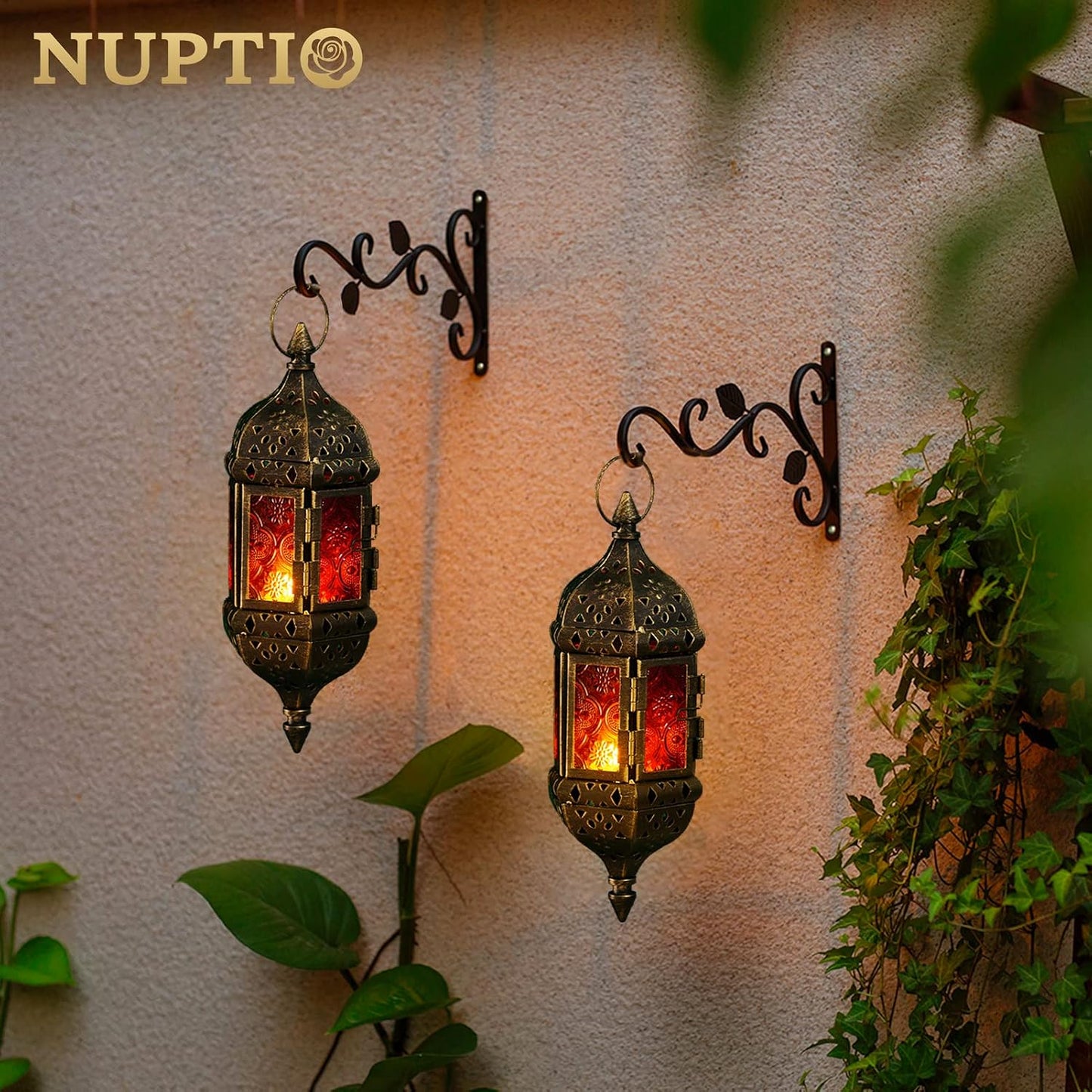 2 Pcs Hanging Hexagon Decorative Moroccan Candle Lantern Holders, Handmade Hanging Tea Light Holder in Bronze Metal &