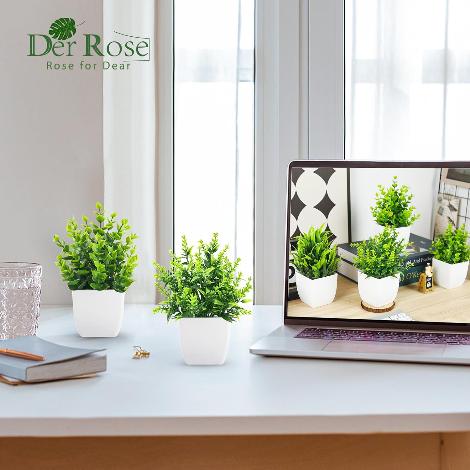 Fake Plants Small Artificial Mini Faux Plants Indoor / White / Set of 4
