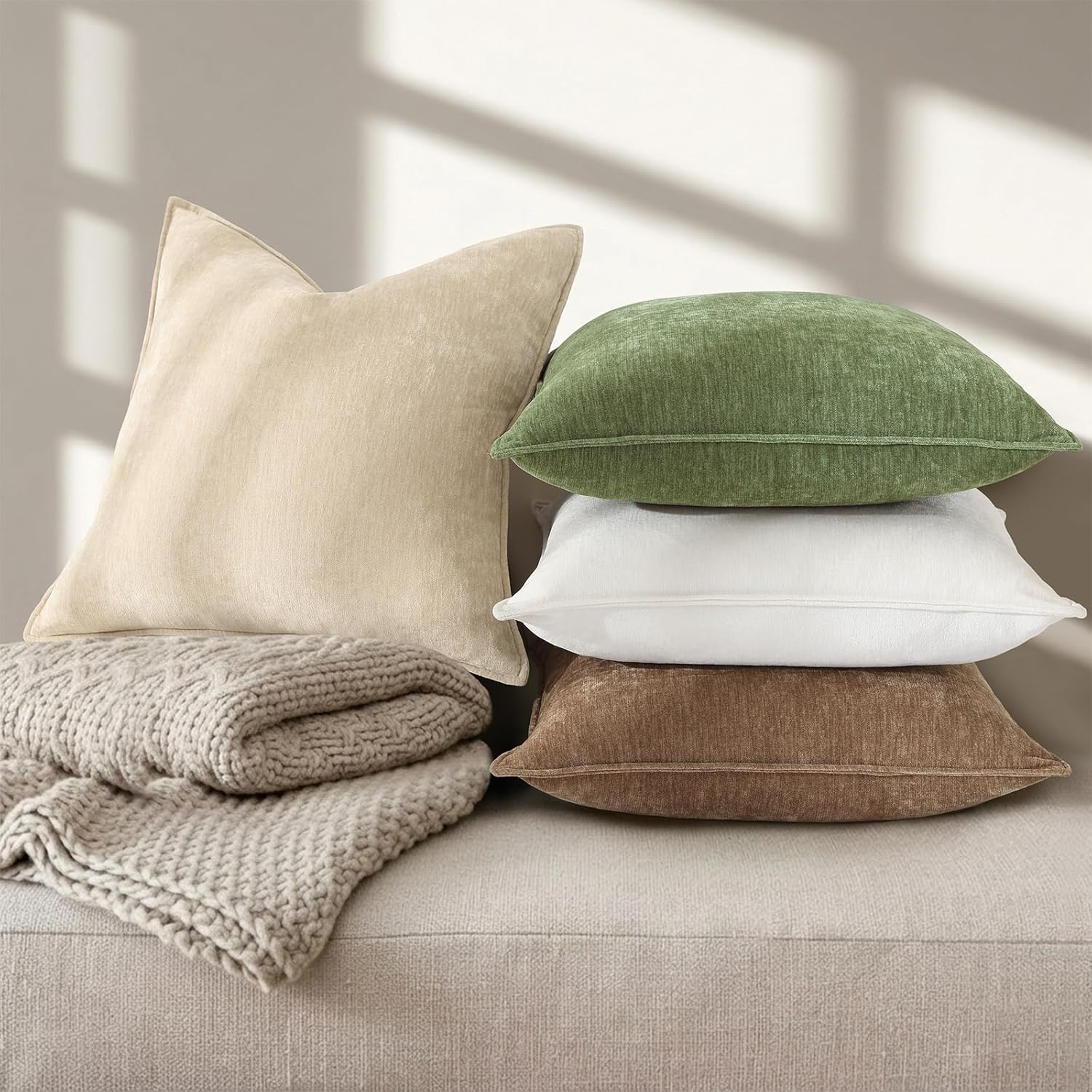 Decorative Soft Velvet Modern Chenille Lumbar Pillow / Natural Beige / 20 x 12 / Set of 2
