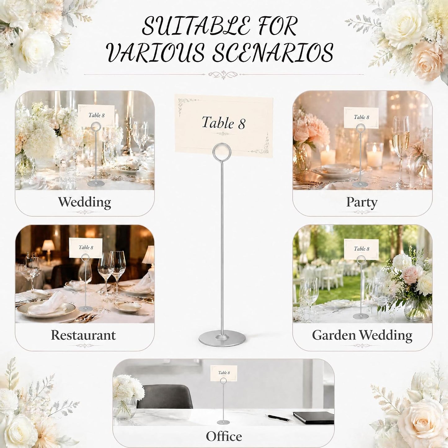 12 Inch Matte Silver Steel Place Card Holder,16 Pack Table Number Holder | Table Card Stand,Table Number Stand for