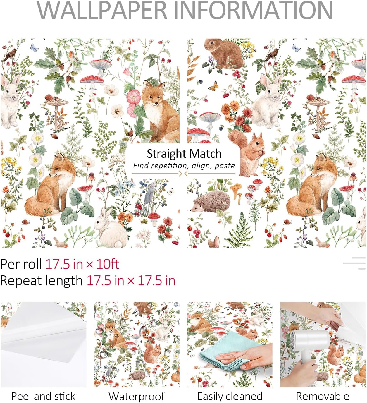 Woodland Wallpaper Stick and Peel Fairytale Forest Animal Wallpaper / 17.5 x 10 / Ft / White