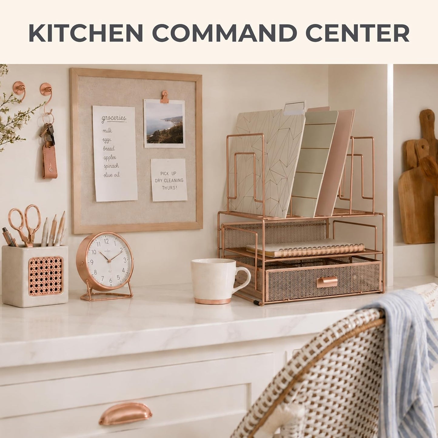 BLU MONACO | Rose Gold Desk Organizer with Drawer | Metal Desk Organizer with File Sorters and Storage Compartments