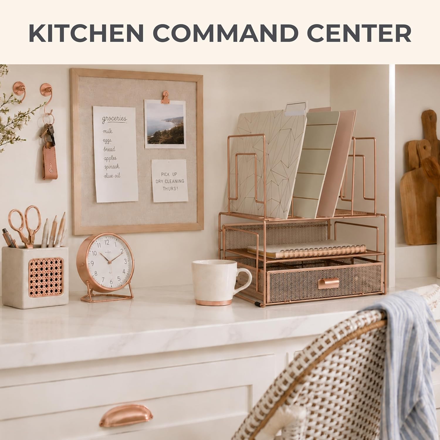 BLU MONACO | Rose Gold Desk Organizer with Drawer | Metal Desk Organizer with File Sorters and Storage Compartments