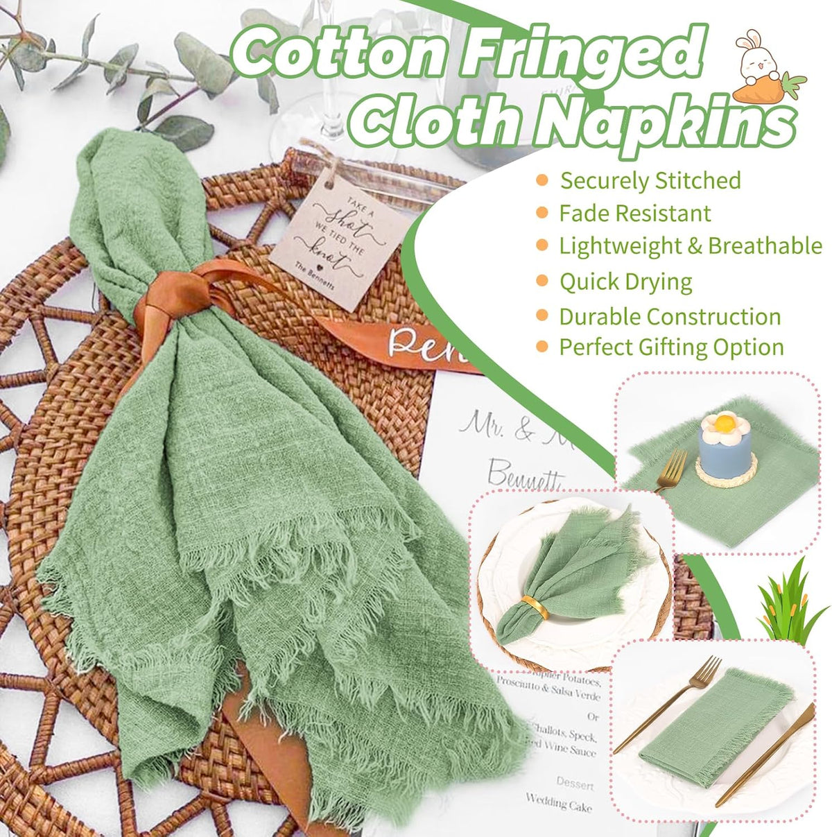 Showgeous 30 Pack Sage Green Cloth Napkins with Fringe, 16x16 inch | 100% Cotton Green Napkins Handmade Dinner Napkins