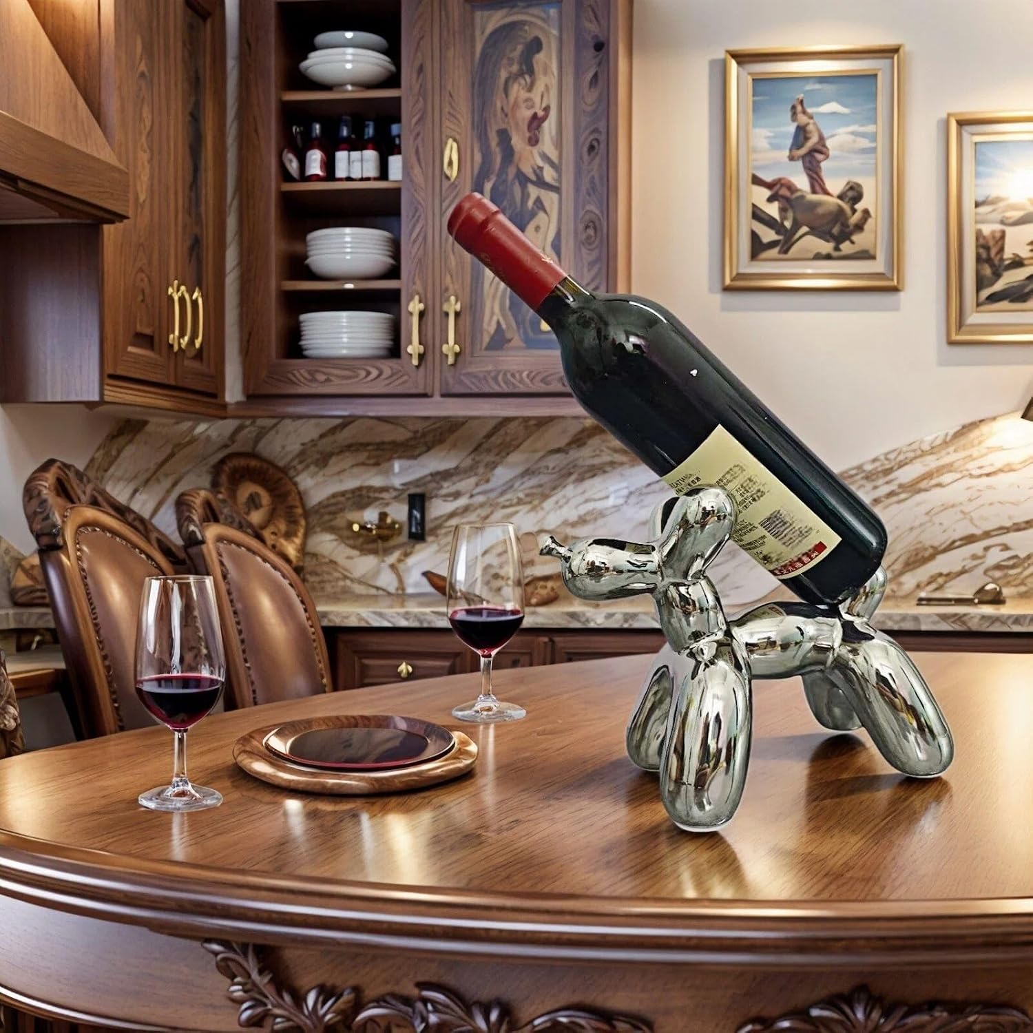 Creative Balloon Dog Wine Bottle Holder Doubles as Standalone Statue Decor / Metallic Chrome Silver