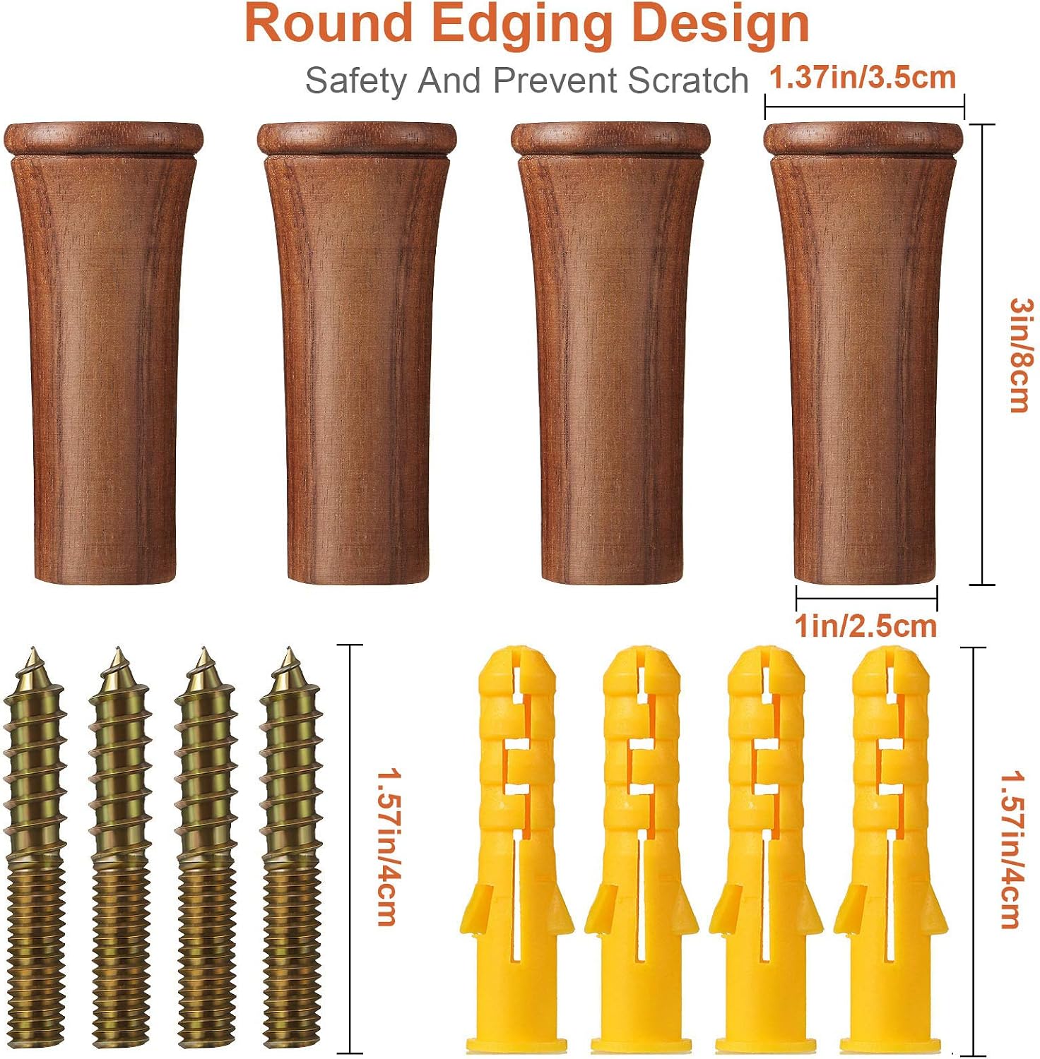 Wood Wall Hooks 3" Large Wooden Coat Hook Solid Walnut Hat Pegs Wall Mounted / Brown / Set of 4