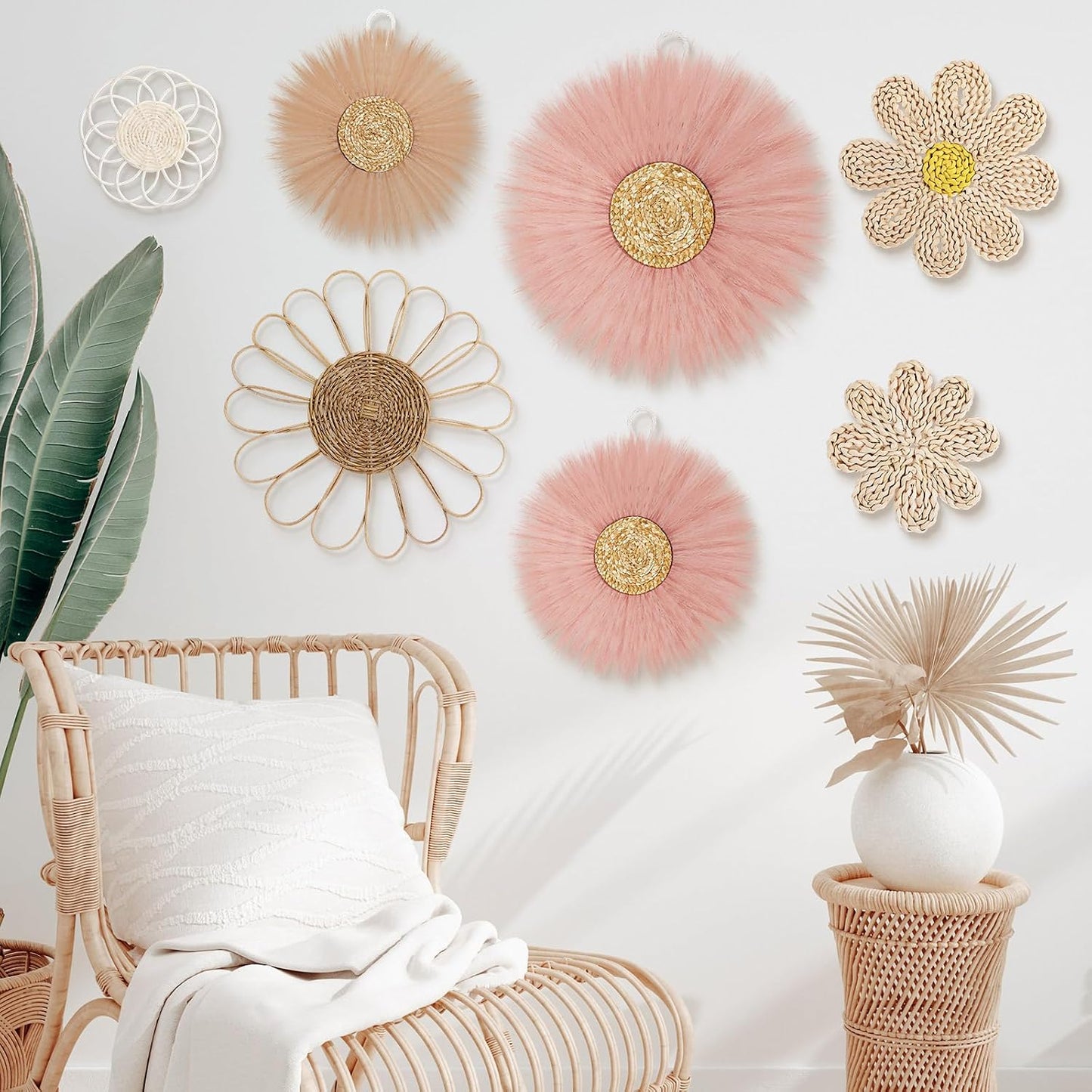 Boho Wall Basket Decor Rattan Flower Wall Decor Nursery Daisy Flower Woven / Dark Pink / Set of 7
