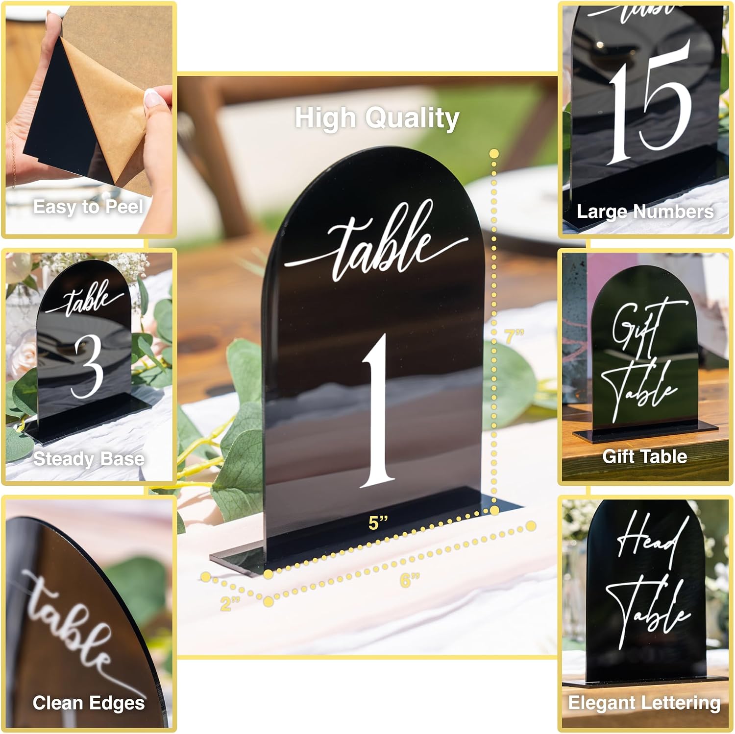 Black Arch Acrylic Table Numbers for Wedding Reception - 5" x 7" White Font Centerpiece Set with Holder Stands & Head