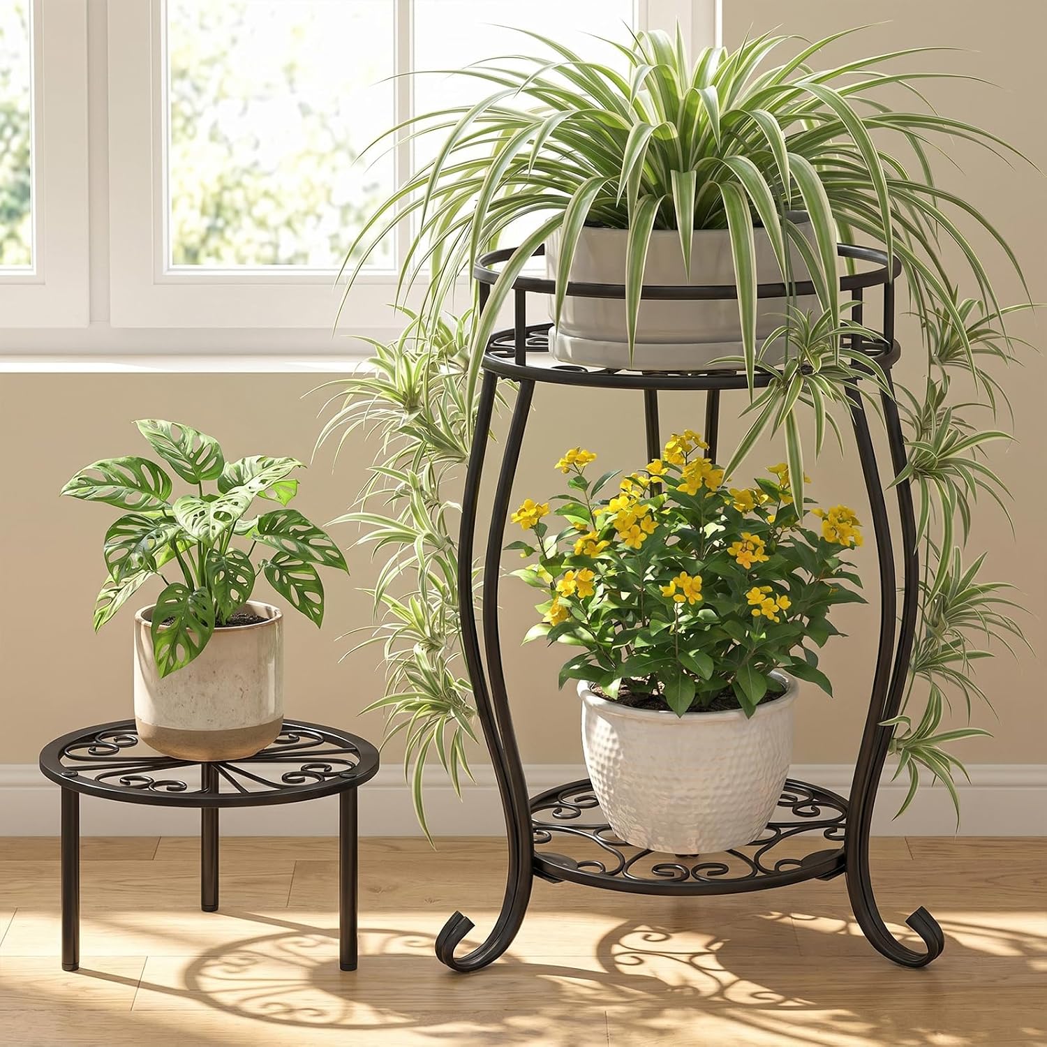TOSKING 2-Tier & 9.1'' Single Metal Plant Stand Set,Indoor/Outdoor,Black | Single Stand with Adjustable Leveling Feet