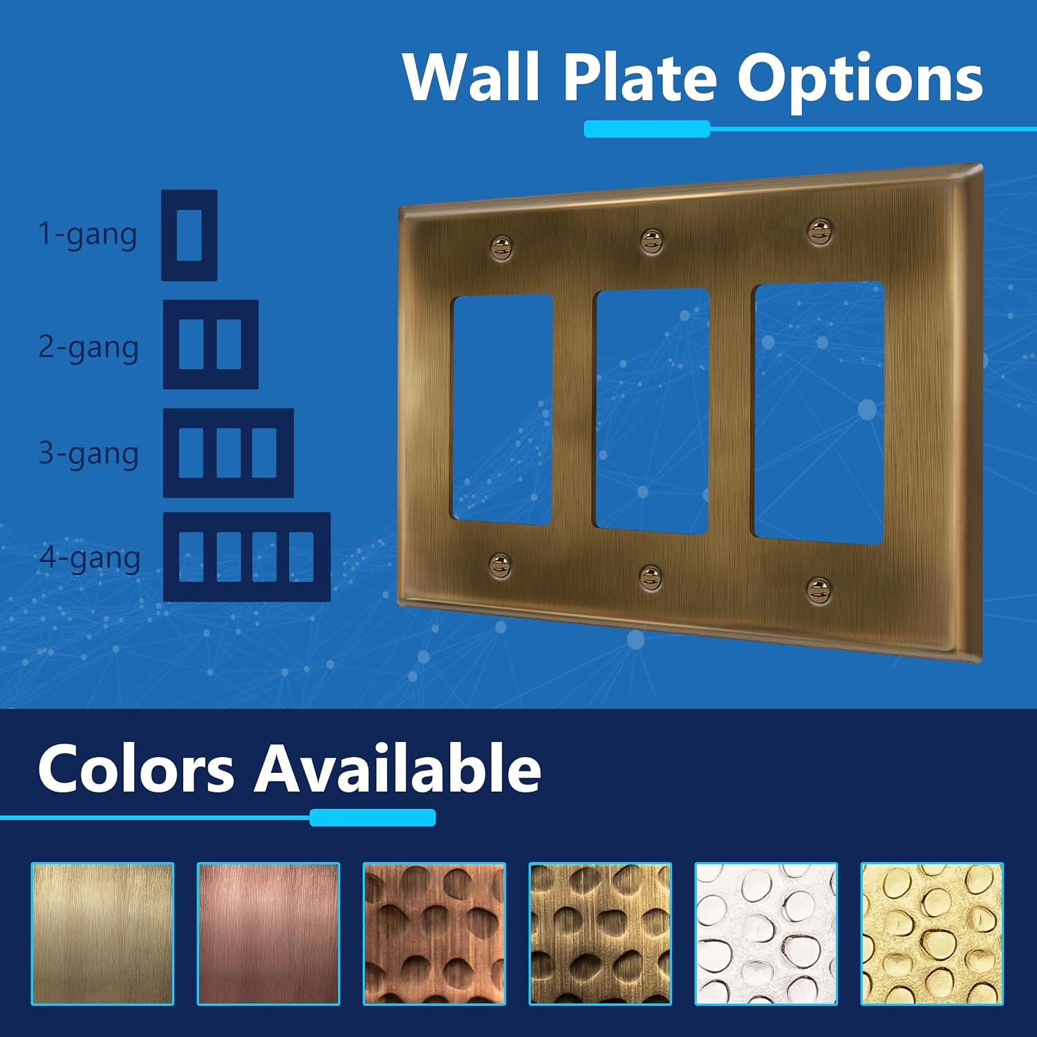 LIDER Decorator Switch or Receptacle Metal Wall Plate, Mid-Size 3-Gang | Corrosion Resistant, Outlet Cover, Plated