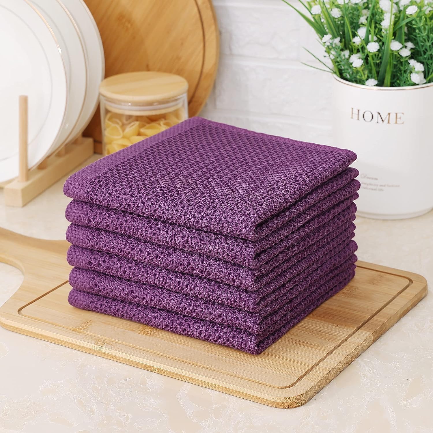 Kitinjoy 100% Cotton Waffle 12-Pack Kitchen Towels, 12" x 12", Violet | Ultra Absorbent, Super Soft, lightweight, Quick