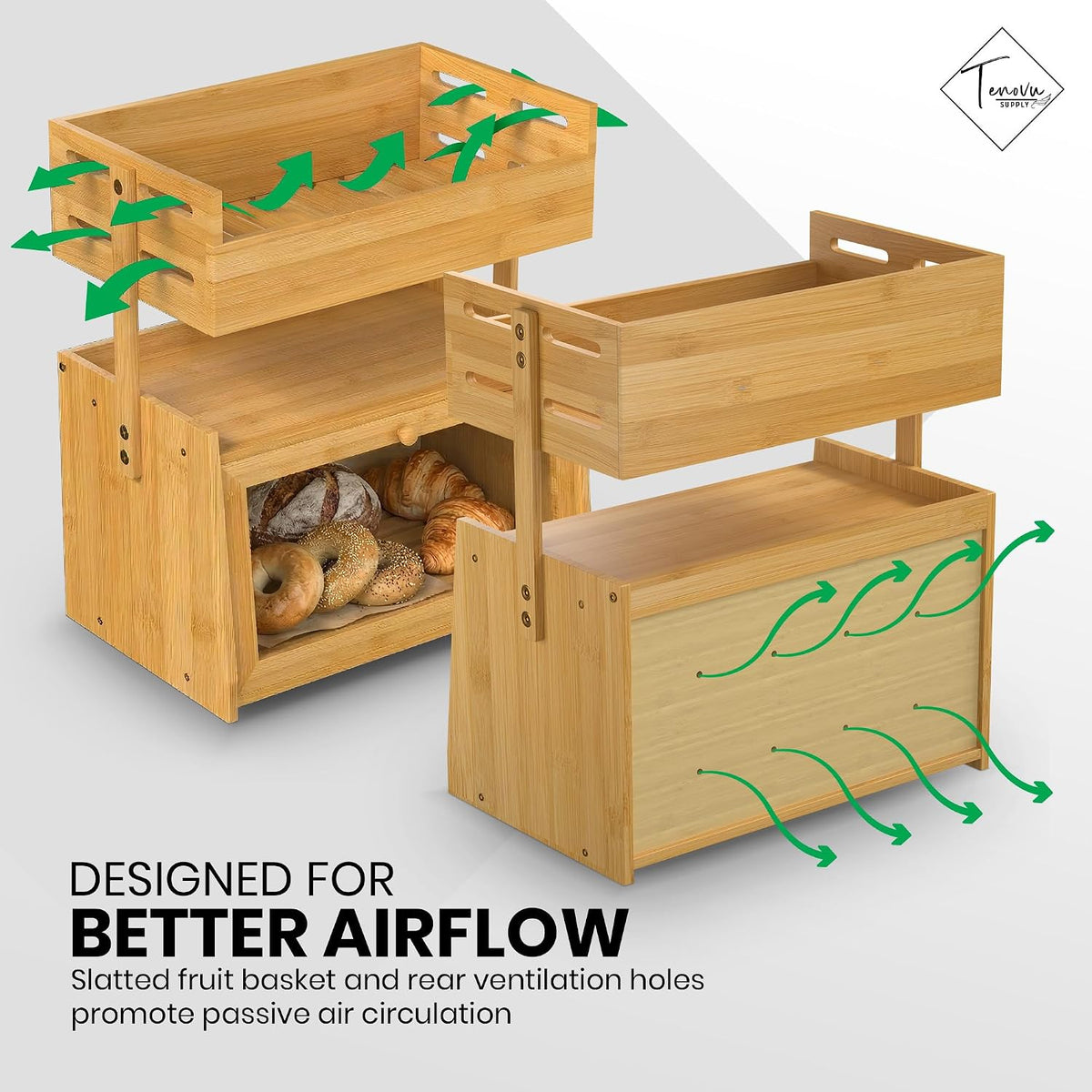 Bamboo Bread Box with Fruit Basket, 2-in-1 Kitchen Countertop Organizer | Vertical storage with acrylic window door, 8