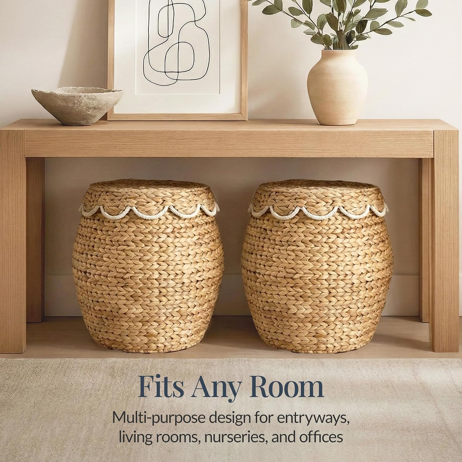 Scalloped Multipurpose Hyacinth Storage Basket / Scallop, Natural/white