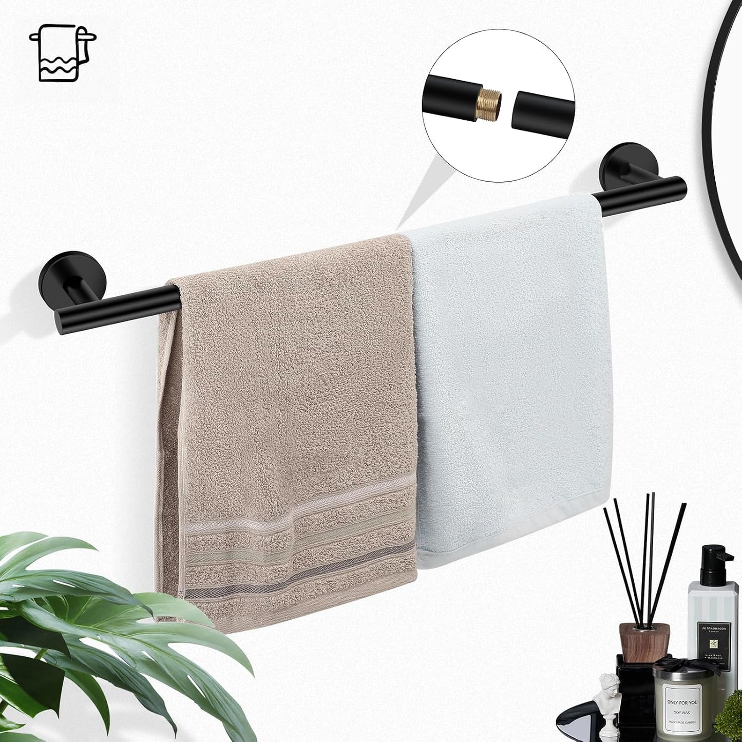 Matte Black Bathroom Hardware Set, Modern 24-Inch Towel Bar Set Wall Mounted, Towel Rack Set Black,Stainless Steel