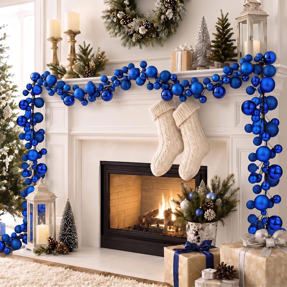 2 Pcs 6 ft Christmas Ball Ornament Garland, Mixed Navy Blue | Bauble Bulb Christmas Tree Ball Decoration Shatterproof