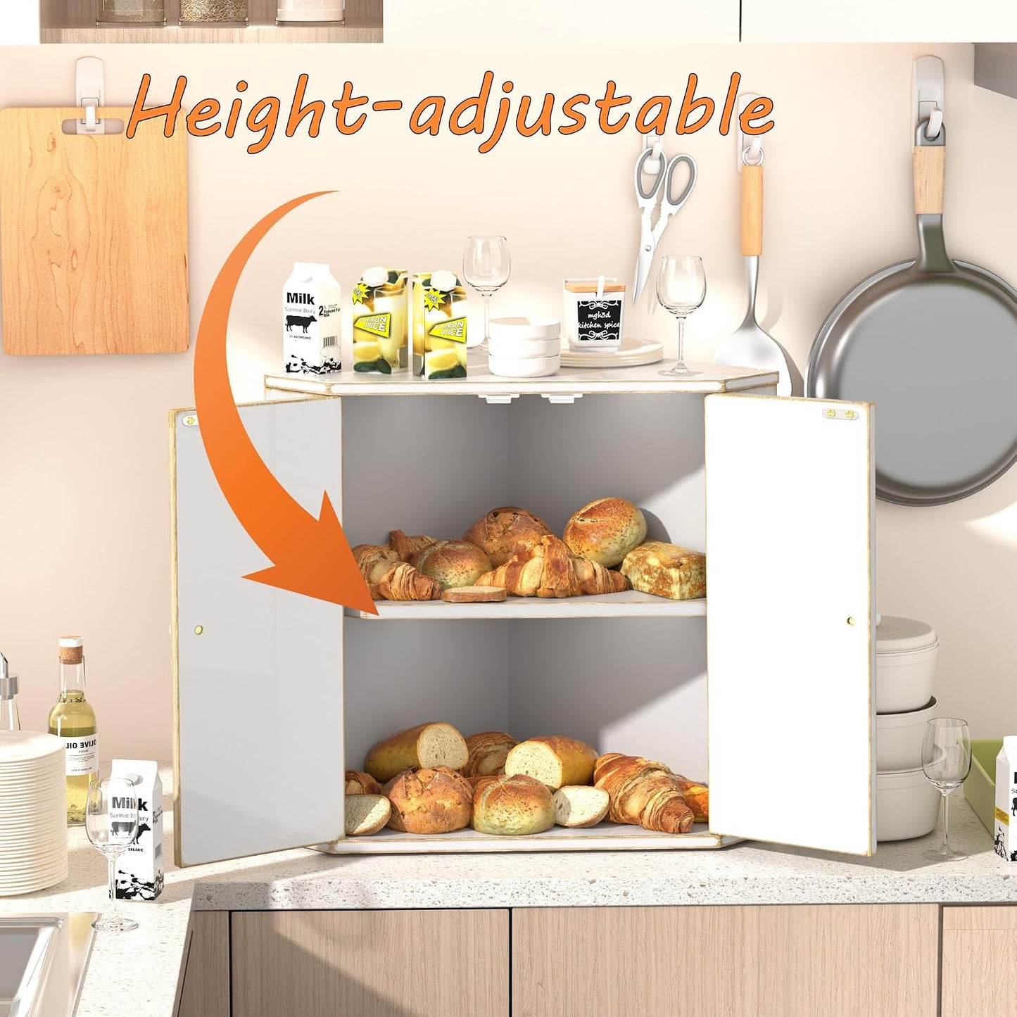 Corner Bread Box for Kitchen Countertop, Storage Container for Homemade Bread, Double Layer BreadBox, Large Capacity