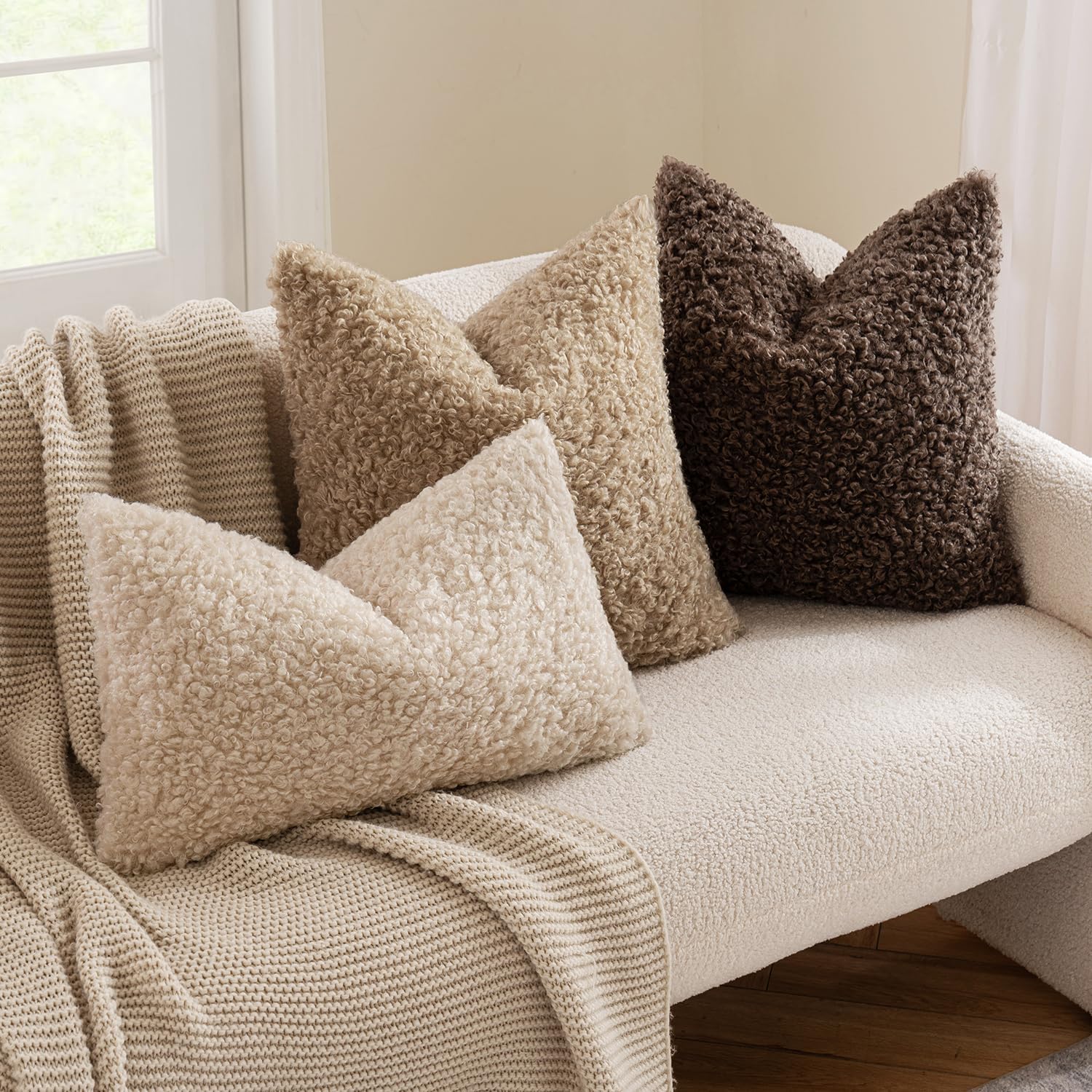 Faux Fur Throw Pillow Covers Boucle Decorative Sherpa Pillow Covers / 18 x 18 / Chocolate / Set of 2