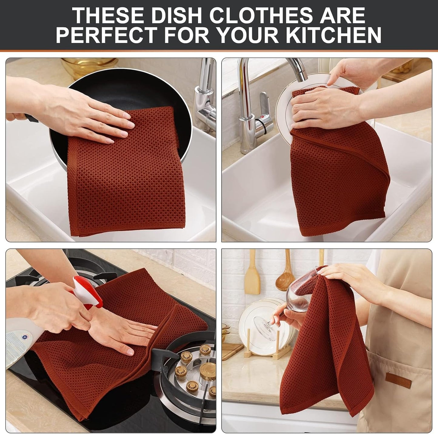 Kitinjoy 100% Cotton Waffle 8-Pack Kitchen Towels, 13" x 28", Rust | Super Soft, Ultra-Absorbent, Fast Drying