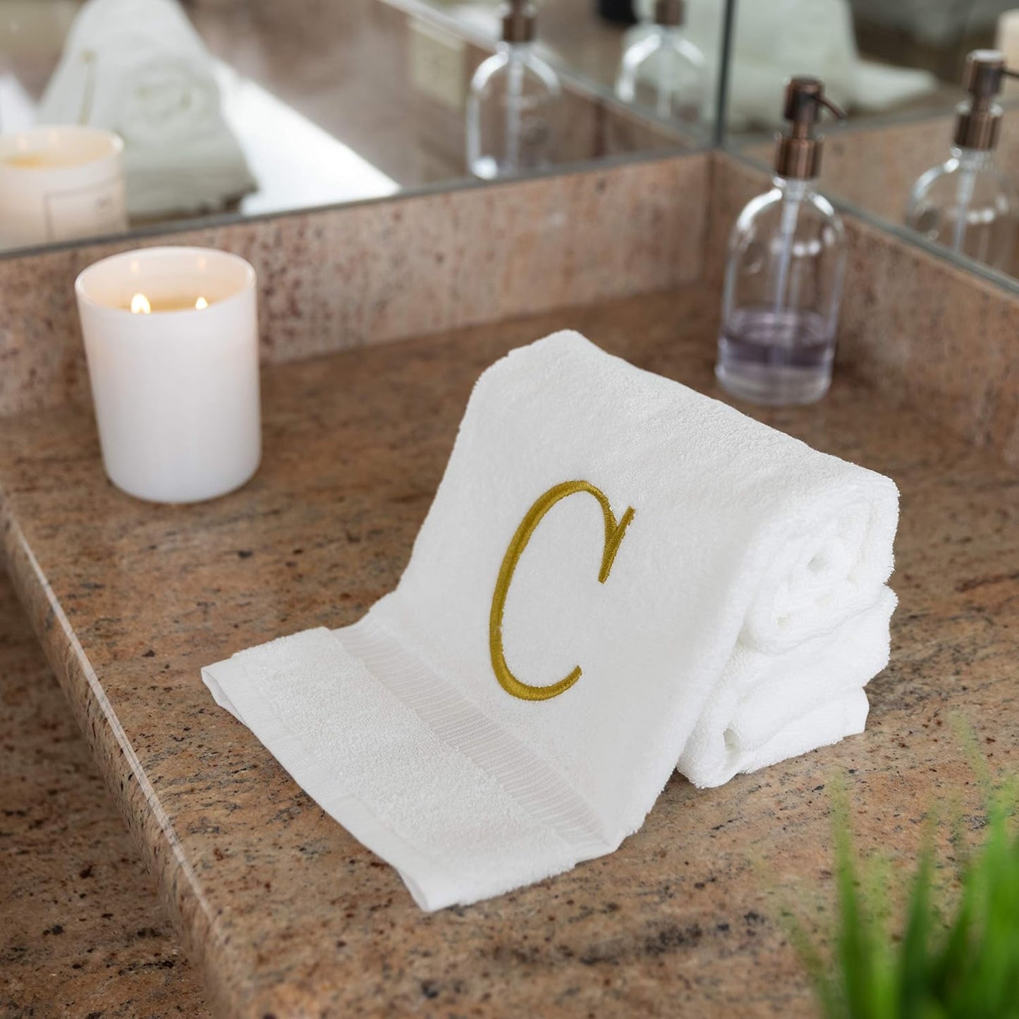 White with Gold Monogrammed Hand Towels for Bathroom - Set of 2 Letter C | Luxury Hotel Quality Initial Towels For