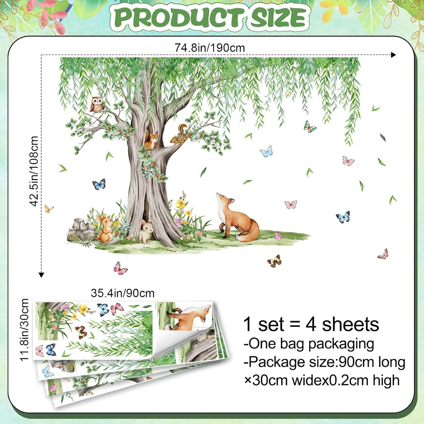 Hanging Leaves Vine Wall Sticker Cartoon Animals Wall Decal Peel / Green