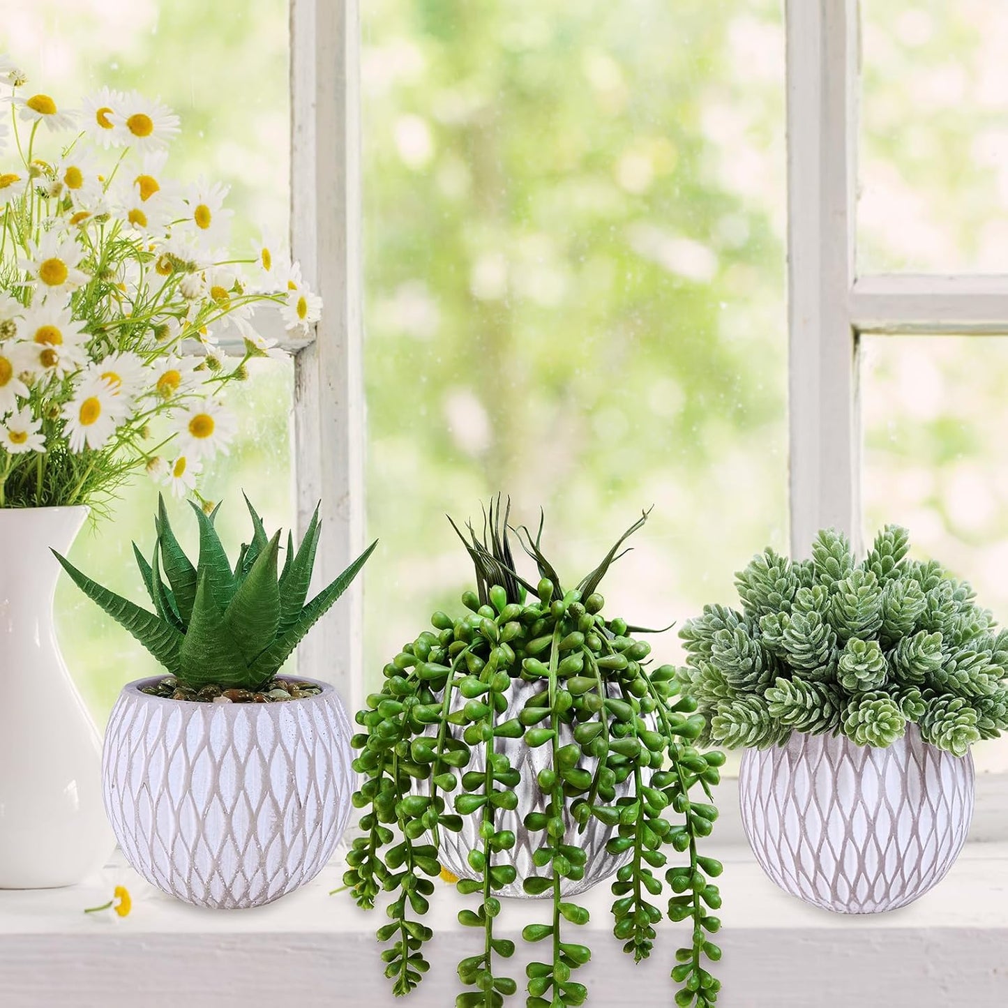 Small Faux Potted Plants Artificial Aloe Hops String of Pearls Succulents Plants / Gray / Set of 3