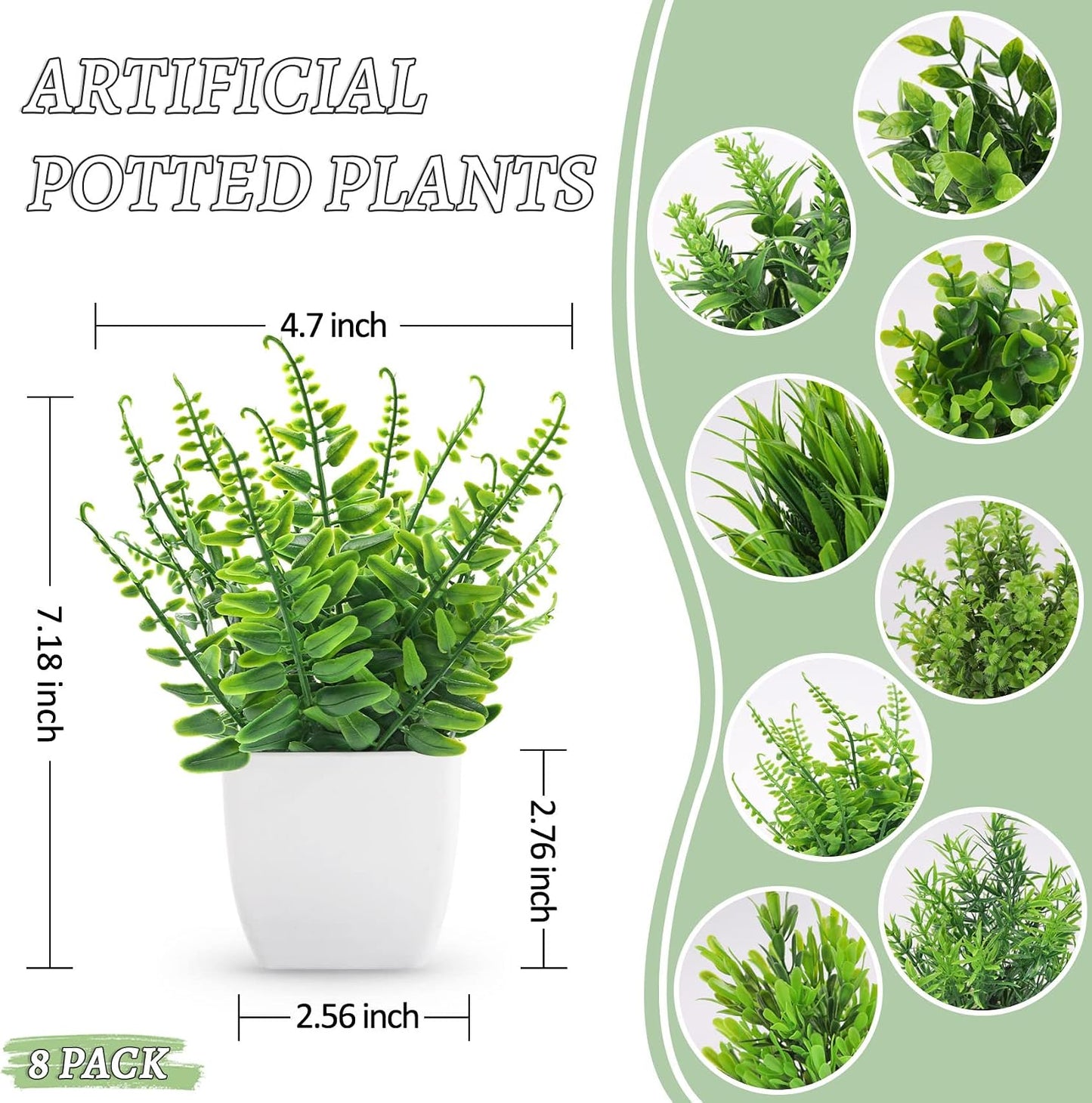 Fake Plants Small Artificial Faux Potted Plants / Green / Set of 8