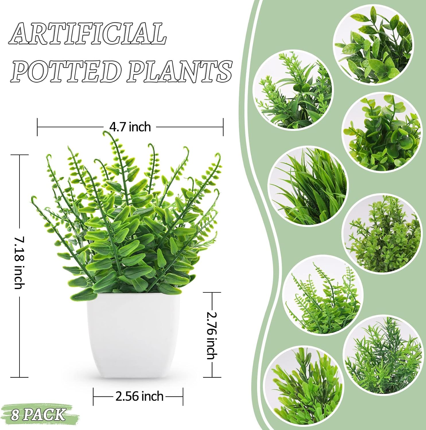 Fake Plants Small Artificial Faux Potted Plants / Green / Set of 8