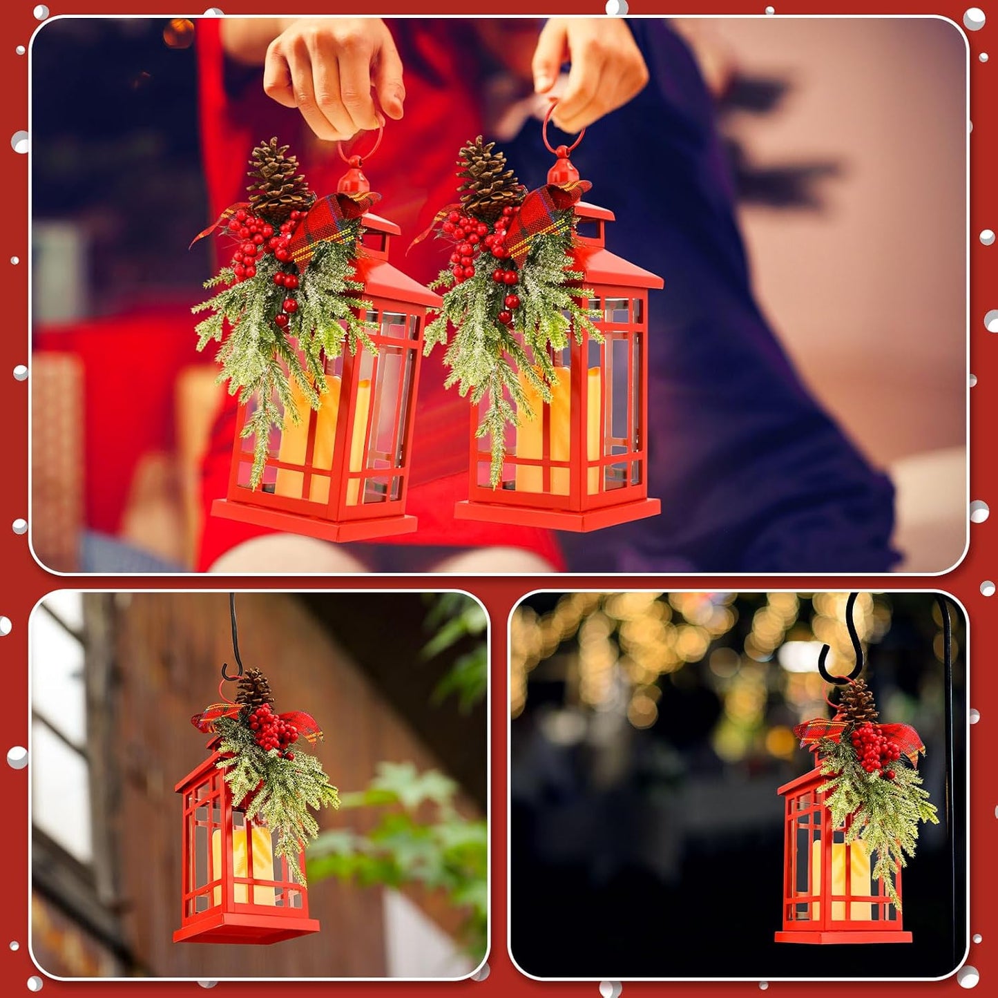 2 Pcs Christmas Metal Lantern with LED Flameless Hang Decor,Red,Berries