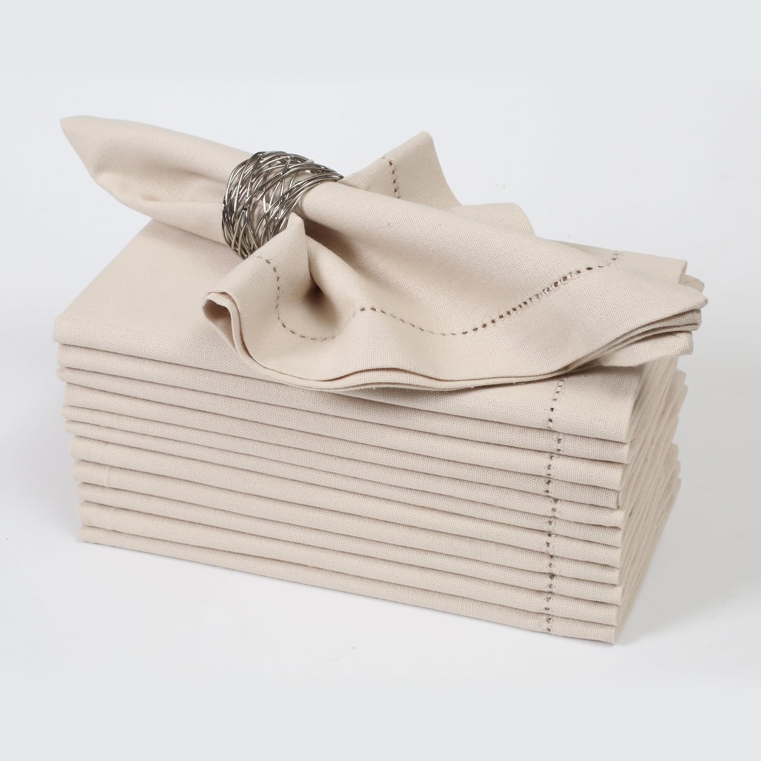Bedding Craft Cotton Linen Napkins, Oatmeal, 18x18, Set of 12 | Cotton-linen blend, flax oatmeal color, hemstitched