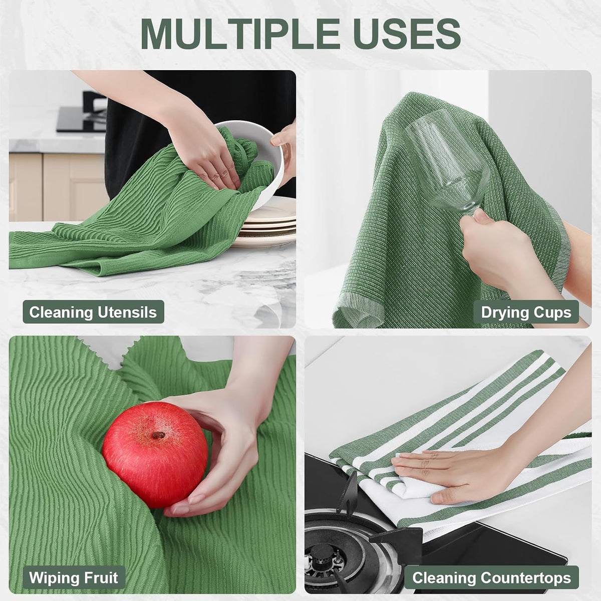 Homaxy Cotton 380 GSM Premium Kitchen Towels, 18"x28", 12 Pack, GrassGreen | Soft and Absorbent Terry Dish Towels