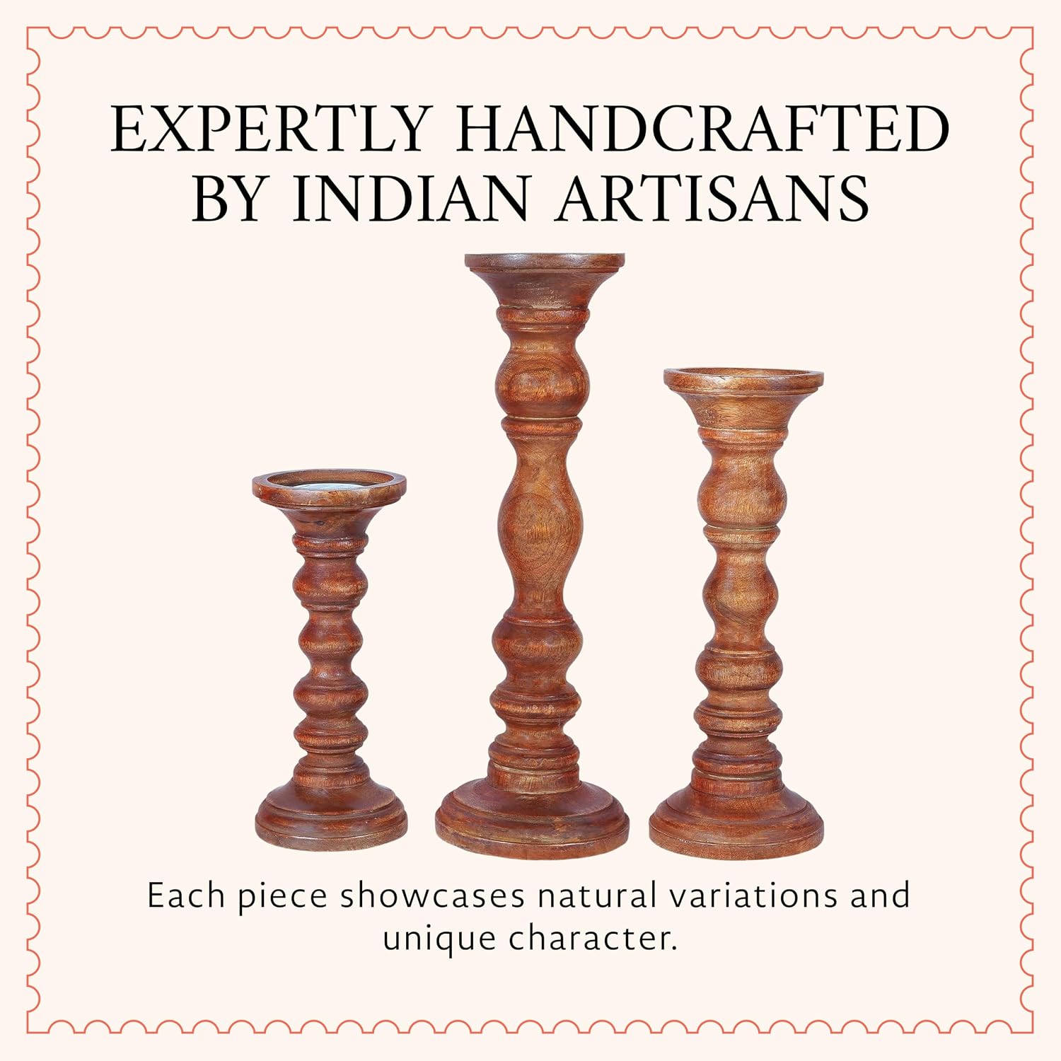 Willow Mango Wood Candle Holders - Medium Polish, Set of 3 | 9”, 12” & 15” hand-carved candle holders for table, mantel