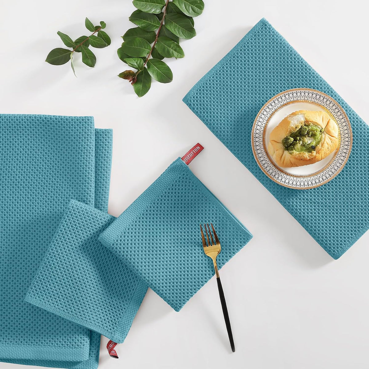 Homaxy 12 Pack 100% Cotton Kitchen Towels and Dishcloths Set, Lake Blue | 12 x 12 Inches and 13 x 28 Inches Kitchen