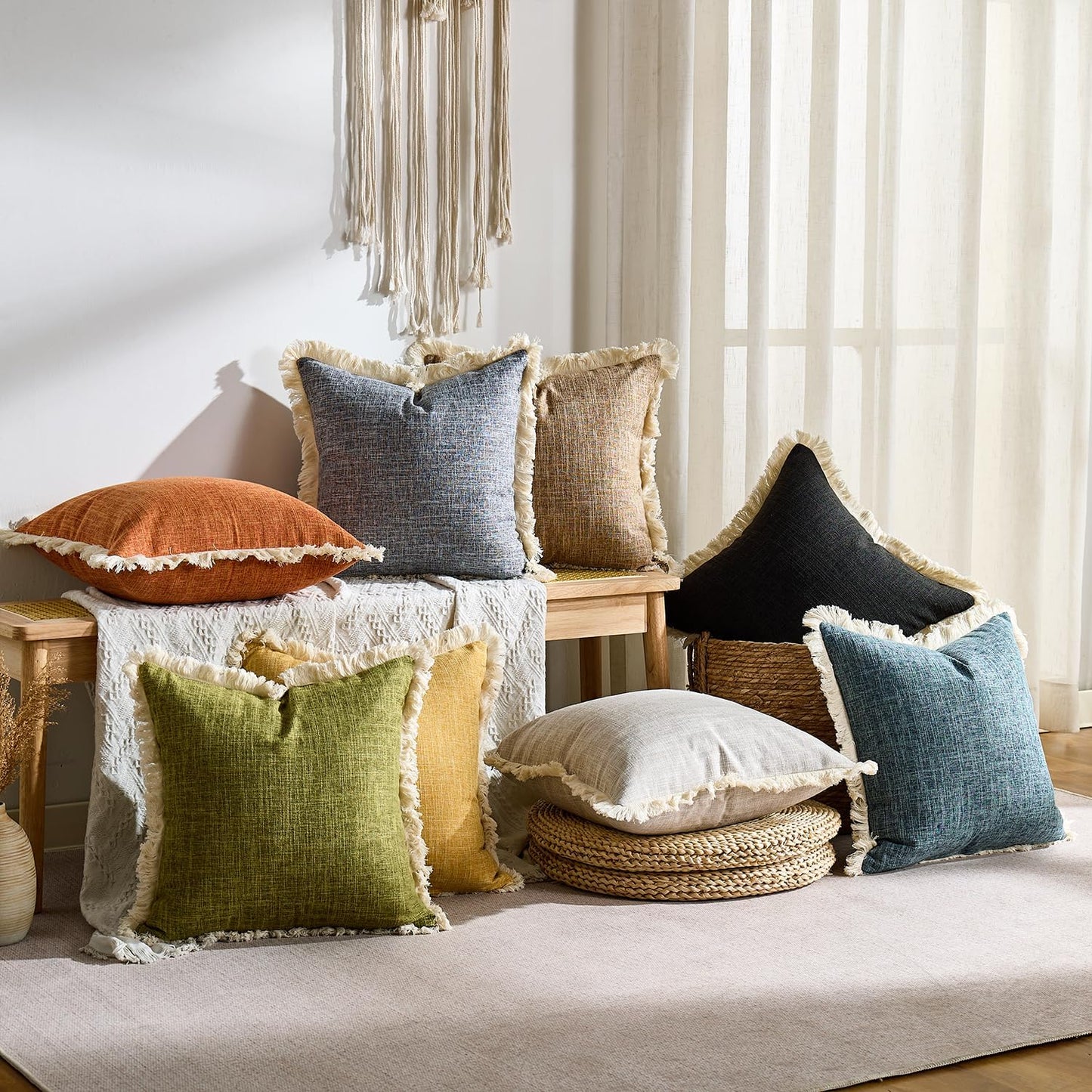 Faux Linen Fringe Decorative Throw Pillow Covers Burlap Boho Farmhouse / Beige / 18 x 18 / Set of 2