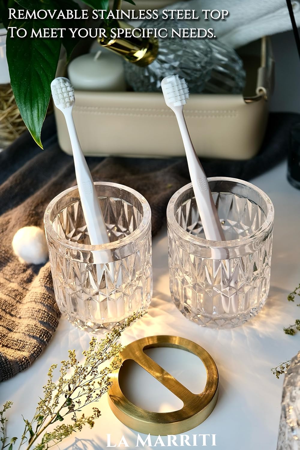 LaMarriti Clear Bathroom Accessories Set, 5pcs Crystal Glass Bathroom Set | Soap Dispenser, Toothbrush Holder Set, Soap