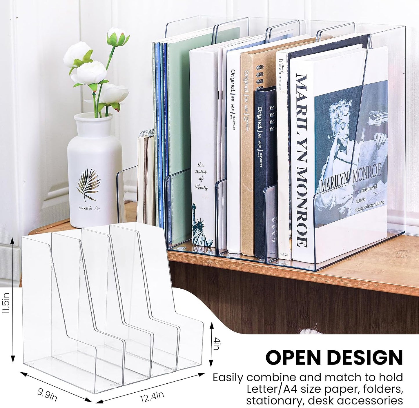 LALOBLUE Vertical Magazine File Holder, Clear, 4 Pack | Plastic, Holds Magazines, Binders, Notebooks, Envelopes, Desk