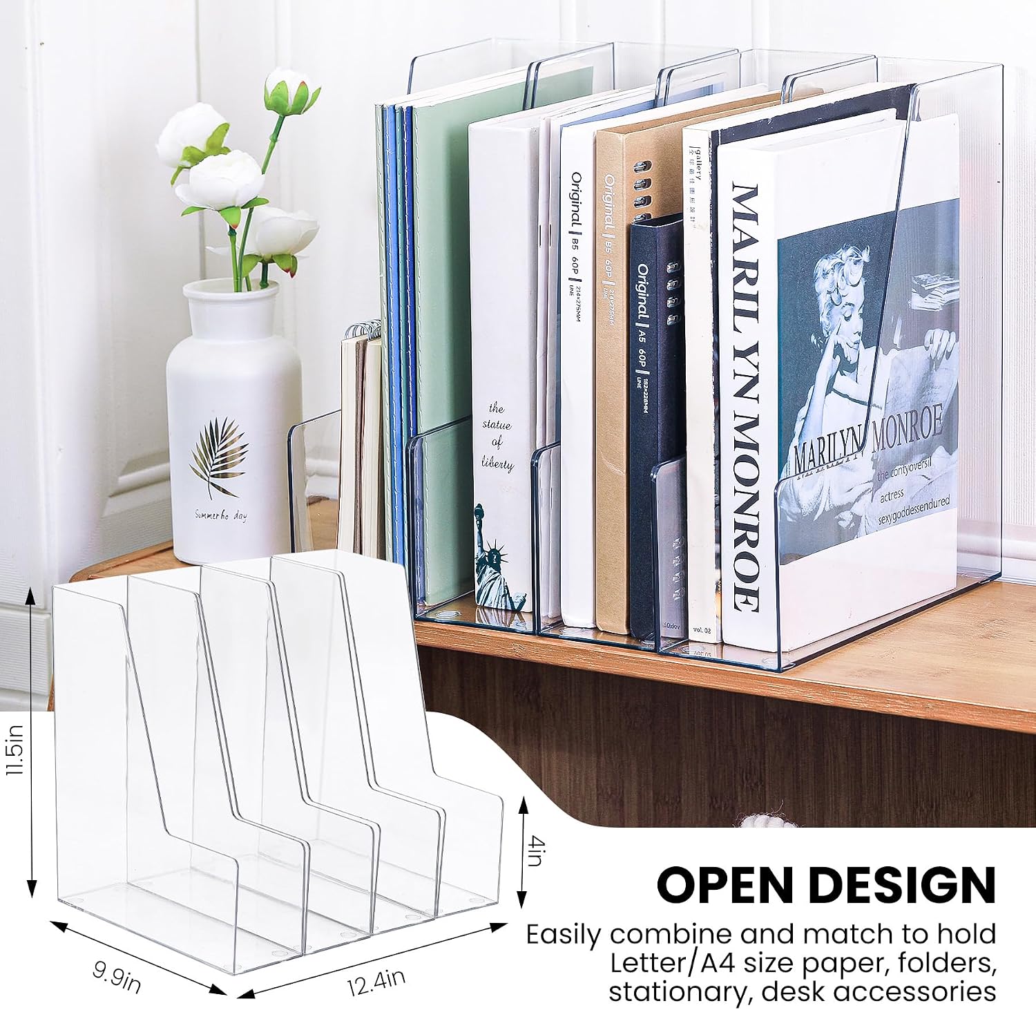 LALOBLUE Vertical Magazine File Holder, Clear, 4 Pack | Plastic, Holds Magazines, Binders, Notebooks, Envelopes, Desk
