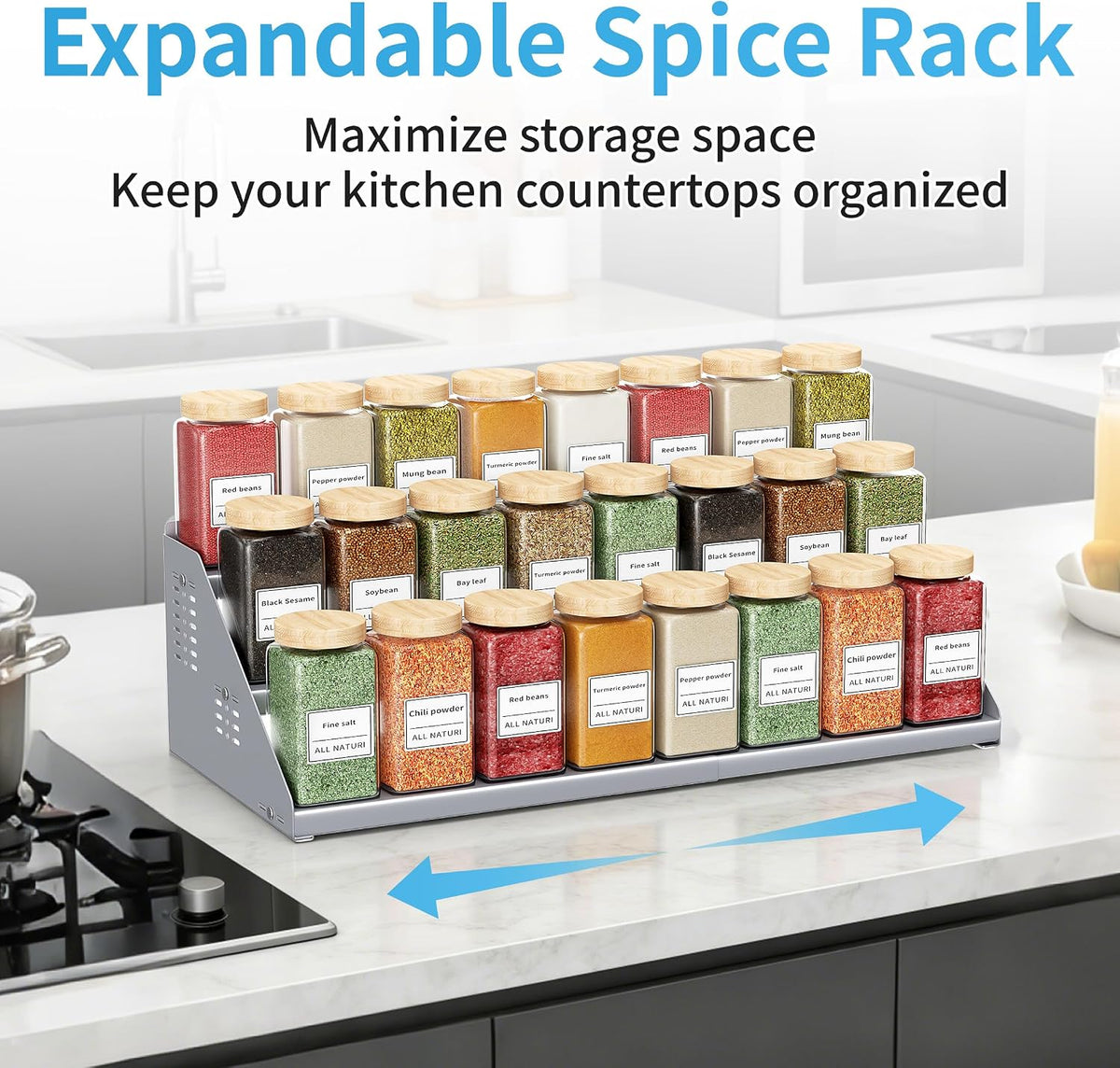 BOIVSHI 3 Tier Expandable Spice Organization for Cabinet, Gray | Height Adjustable Spice Rack for Countertop, Metal