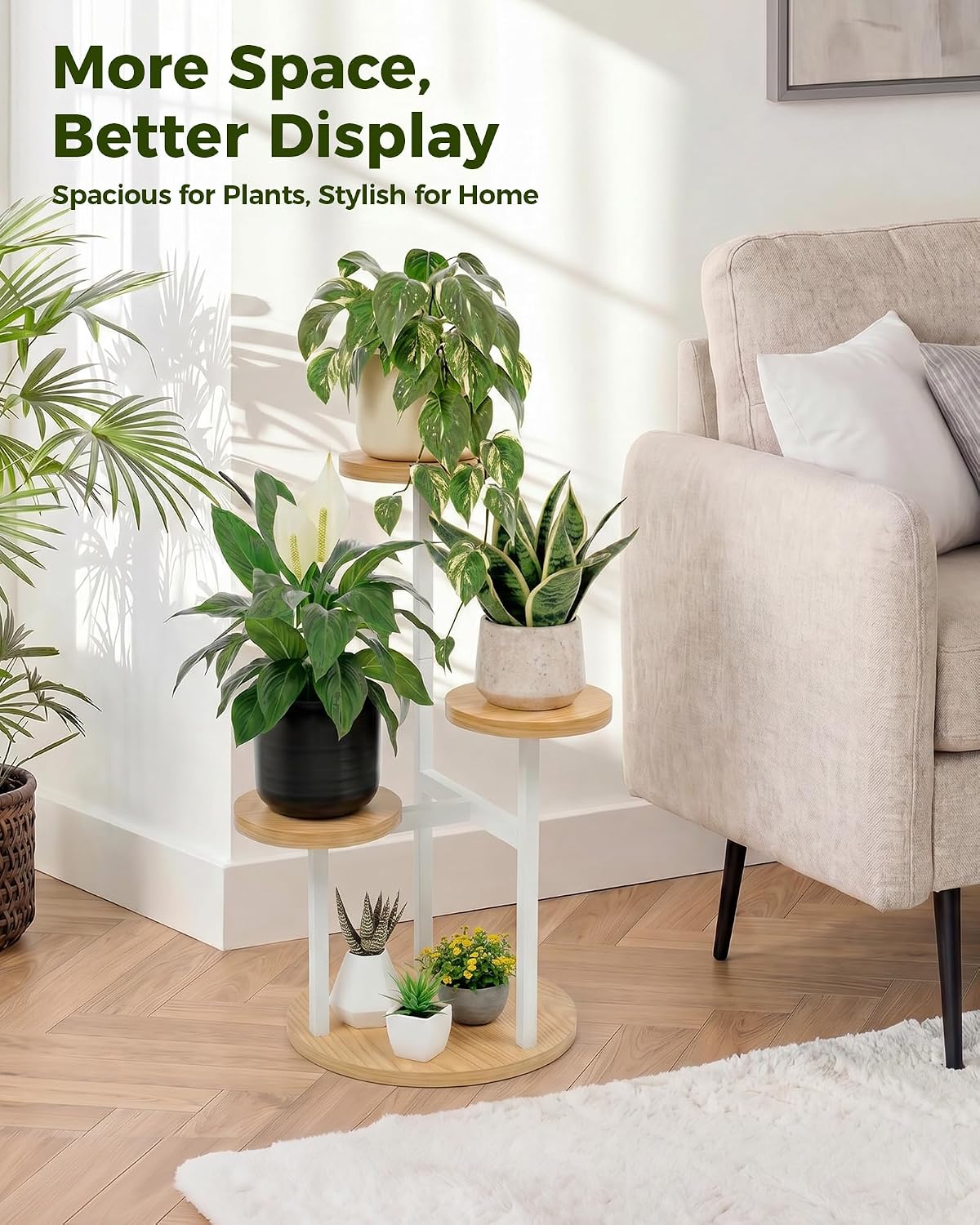 Bamworld Plant Stand Indoor Wood Plant Stand 3 Tier White | plant holders for Multiple Plants Tall Corner Plant Stands